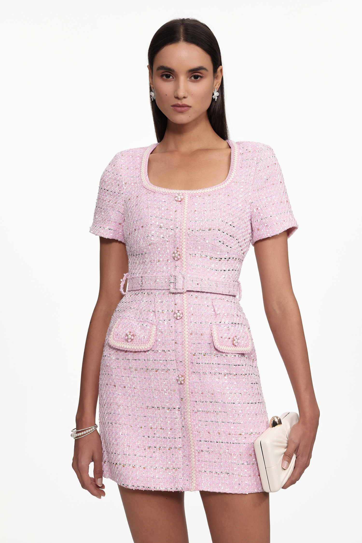 Zelda Classic Tailored Short Sleeve Tweed Pink Mini Dress
