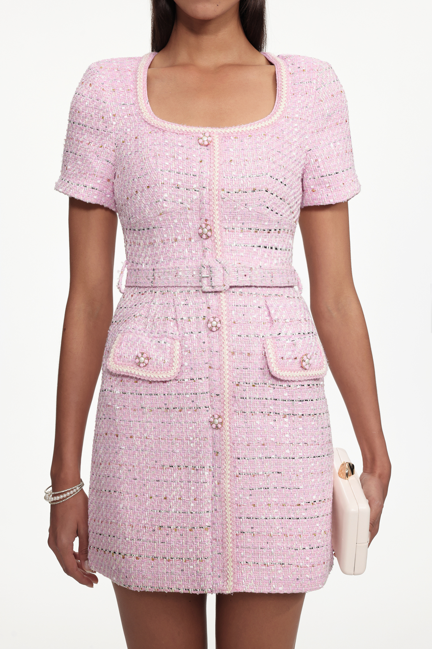 Zelda Classic Tailored Short Sleeve Tweed Pink Mini Dress