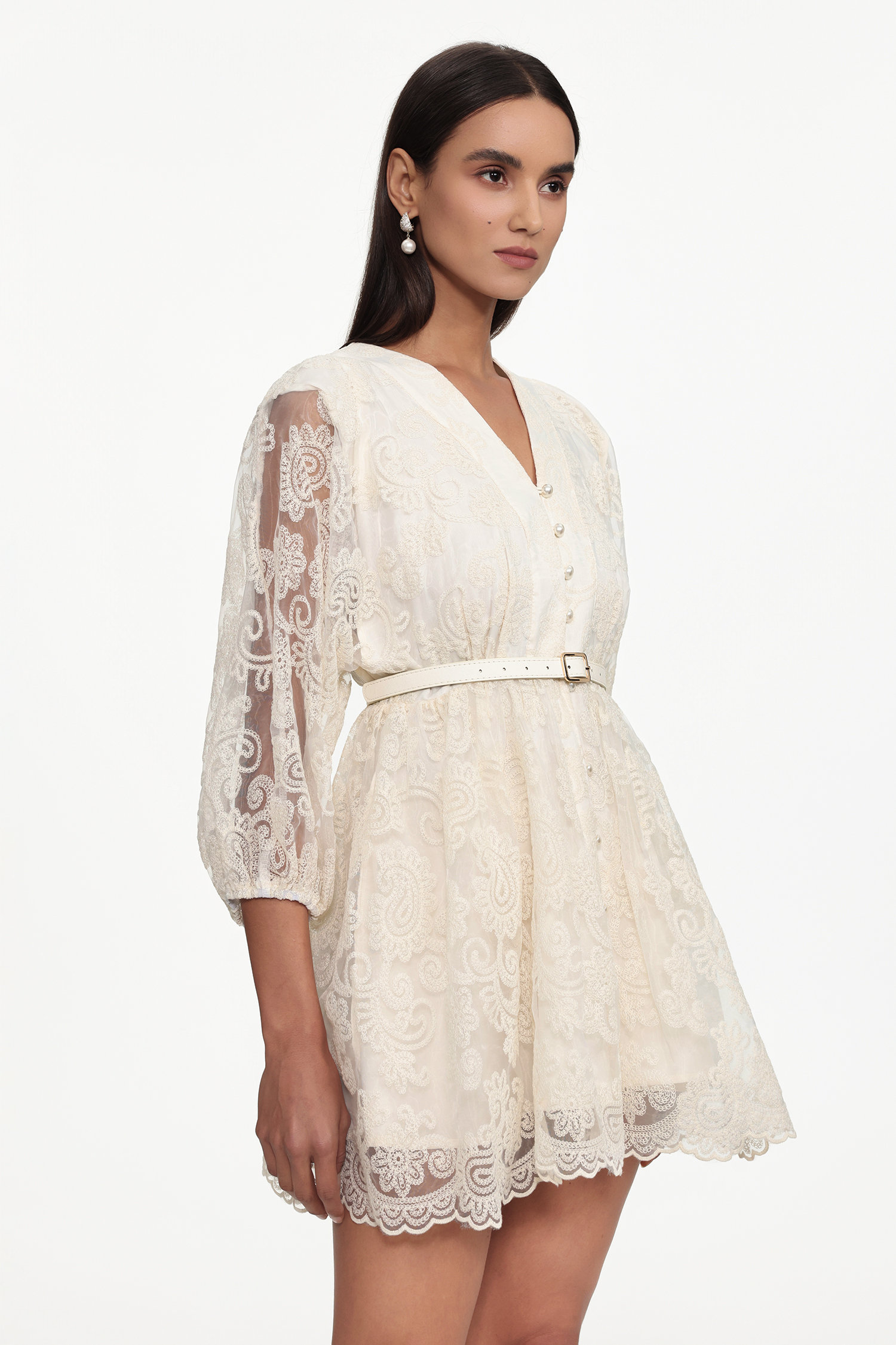 Taye Resort Flowy Long Sleeve Belted Lace Woven White Mini Dress