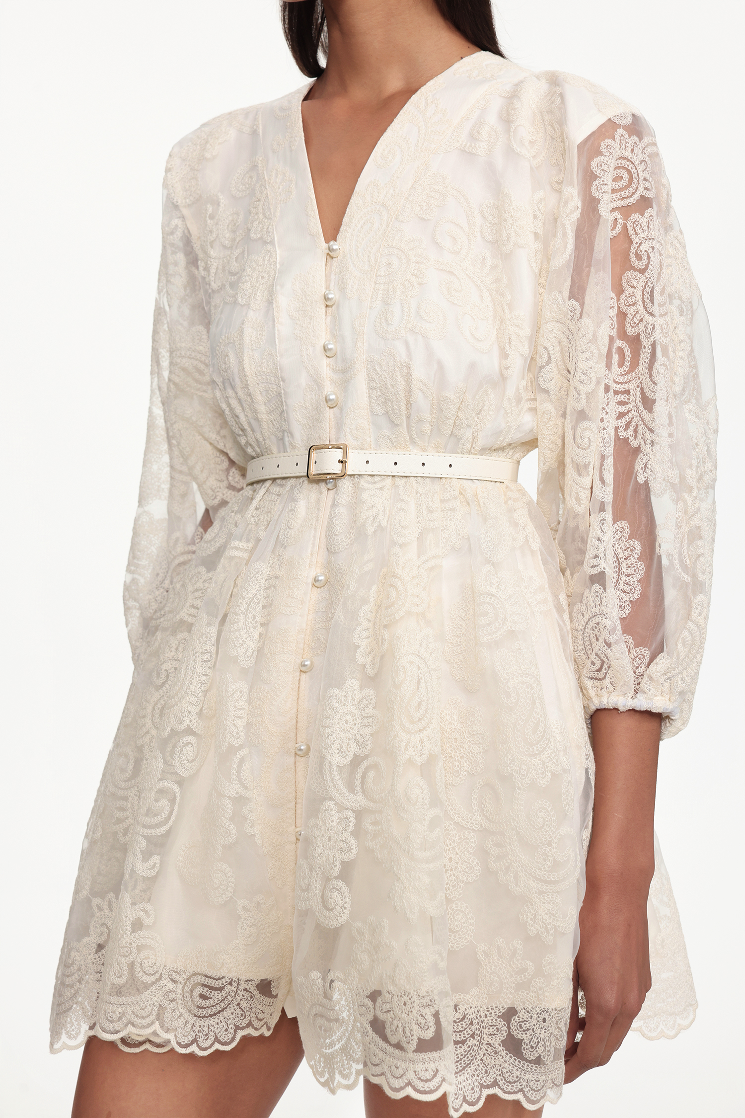 Taye Resort Flowy Long Sleeve Belted Lace Woven White Mini Dress