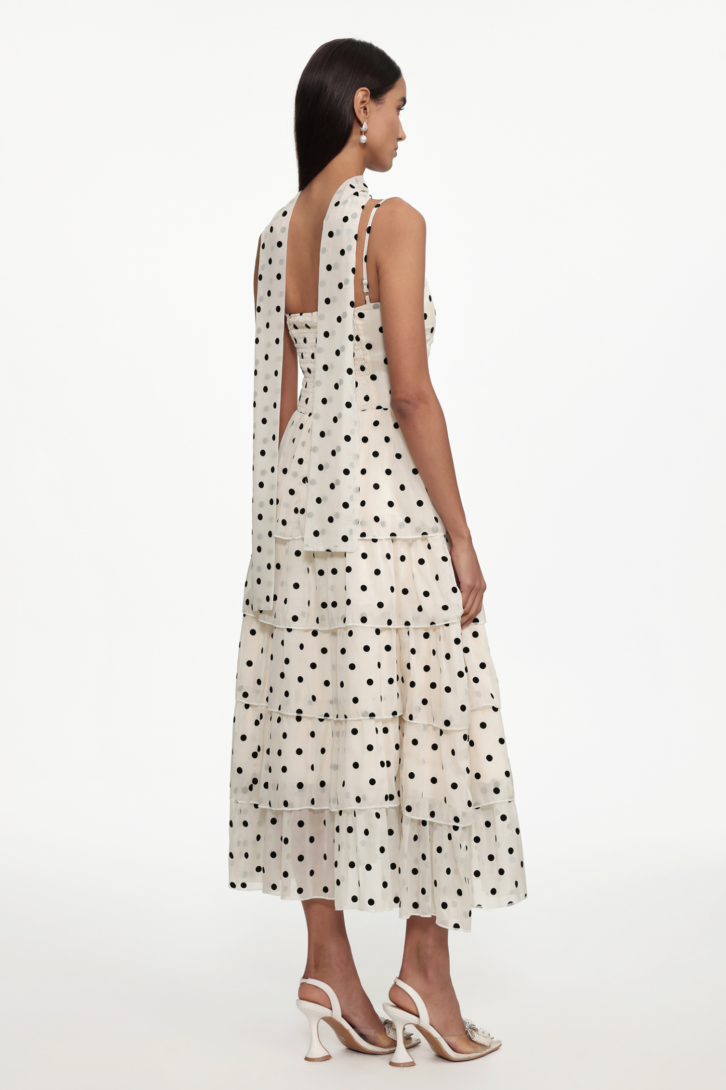 Jalila Romantic Cinched Waist Sleeveless Polka Dot Ruffle Woven Maxi Dress