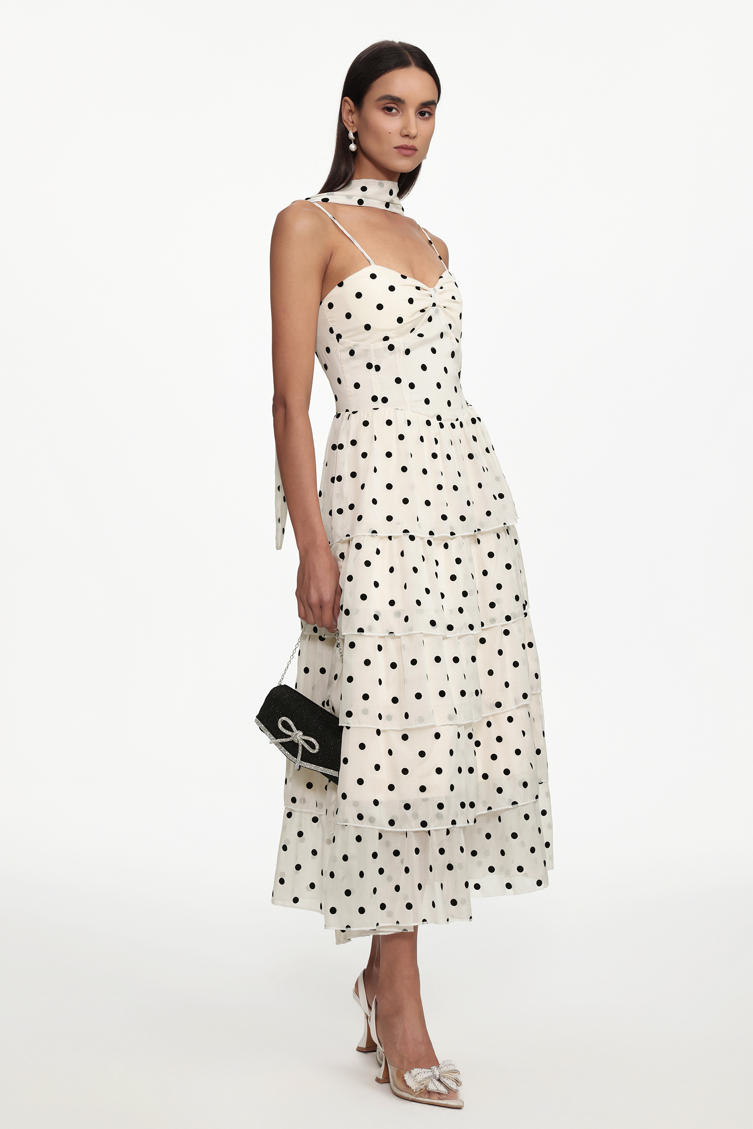 Jalila Romantic Cinched Waist Sleeveless Polka Dot Ruffle Woven Maxi Dress