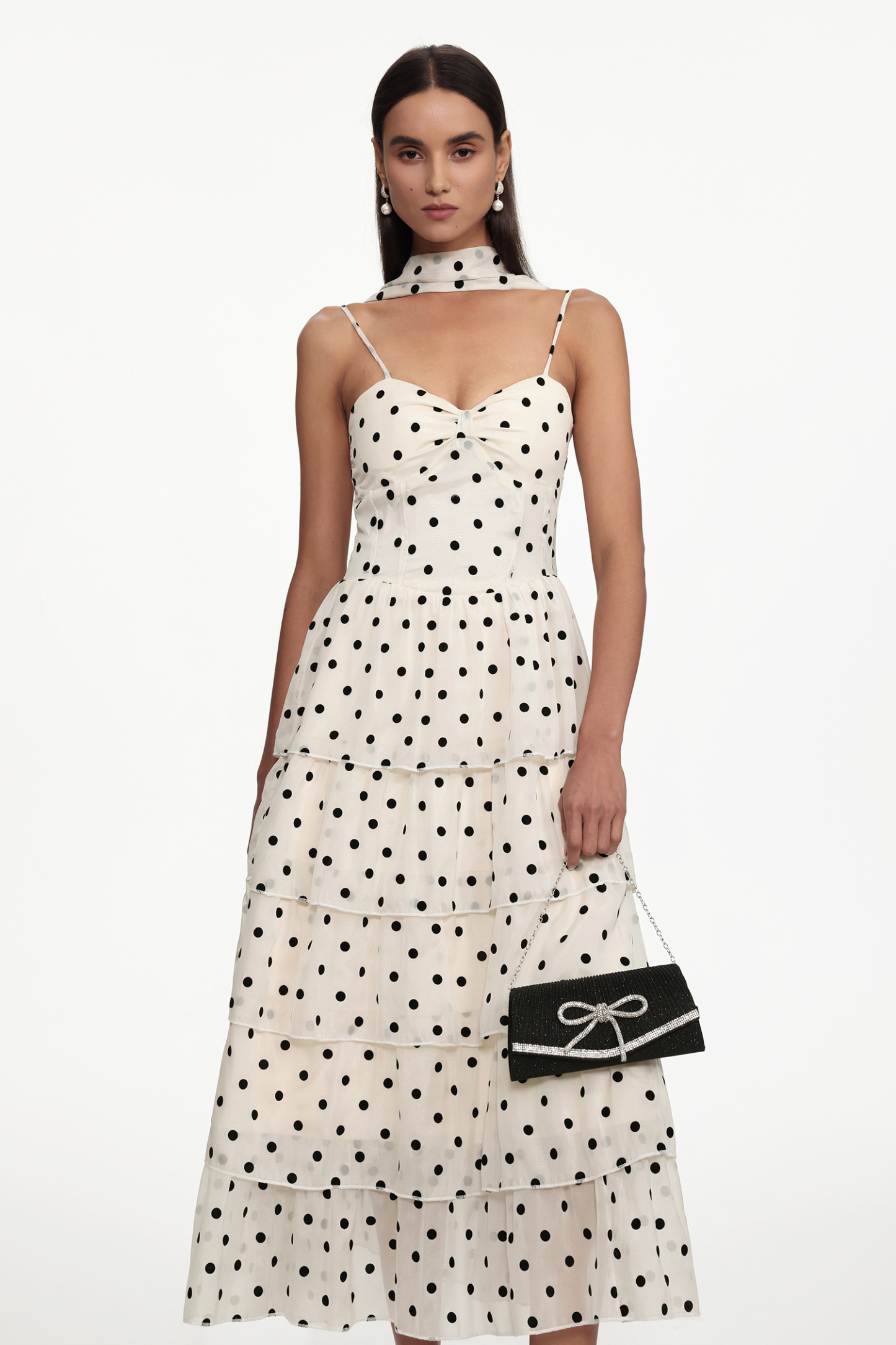 Jalila Romantic Cinched Waist Sleeveless Polka Dot Ruffle Woven Maxi Dress