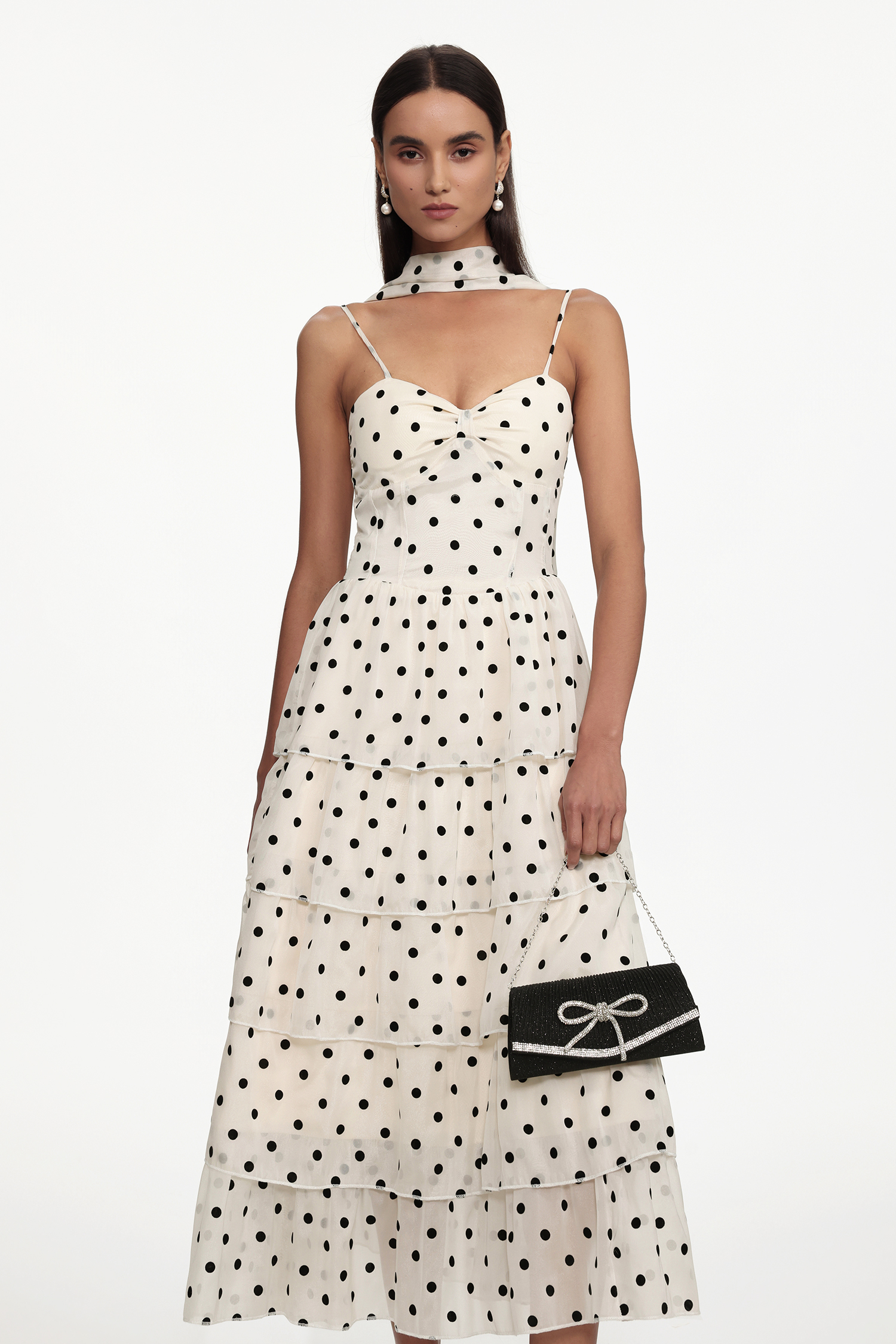 Jalila Romantic Cinched Waist Sleeveless Polka Dot Ruffle Woven Maxi Dress