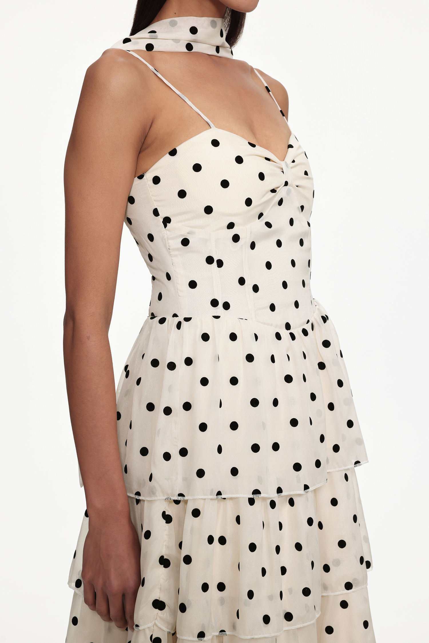 Jalila Romantic Cinched Waist Sleeveless Polka Dot Ruffle Woven Maxi Dress