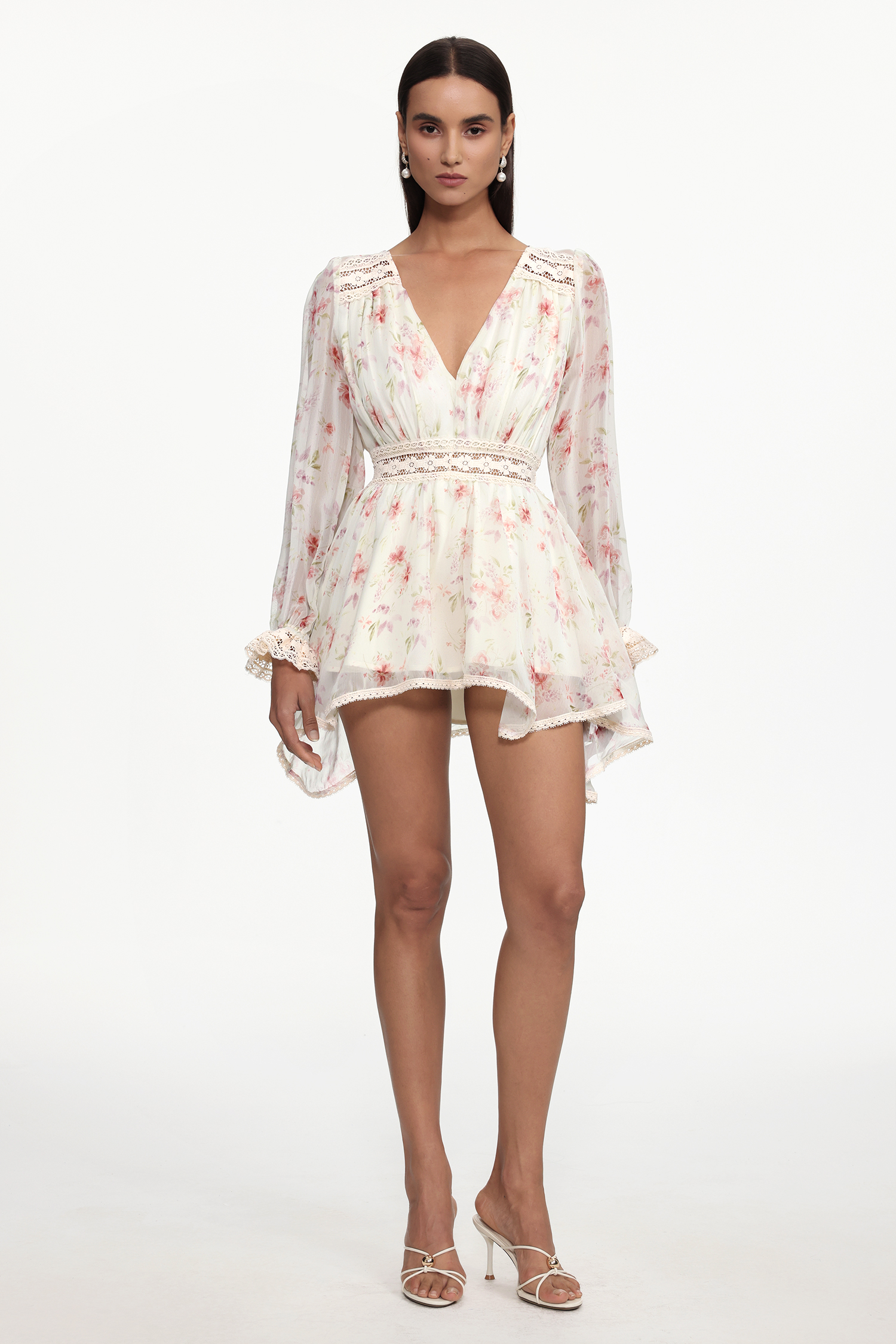 Rayen Resort Flowy V Neck Long Sleeve Floral Print Chiffon Mini Dress
