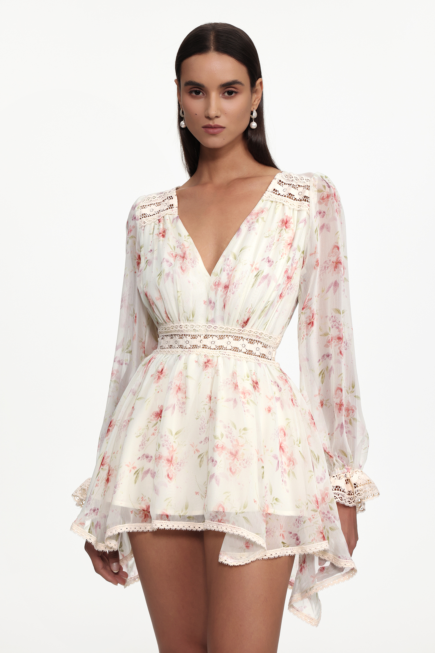 Rayen Resort Flowy V Neck Long Sleeve Floral Print Chiffon Mini Dress