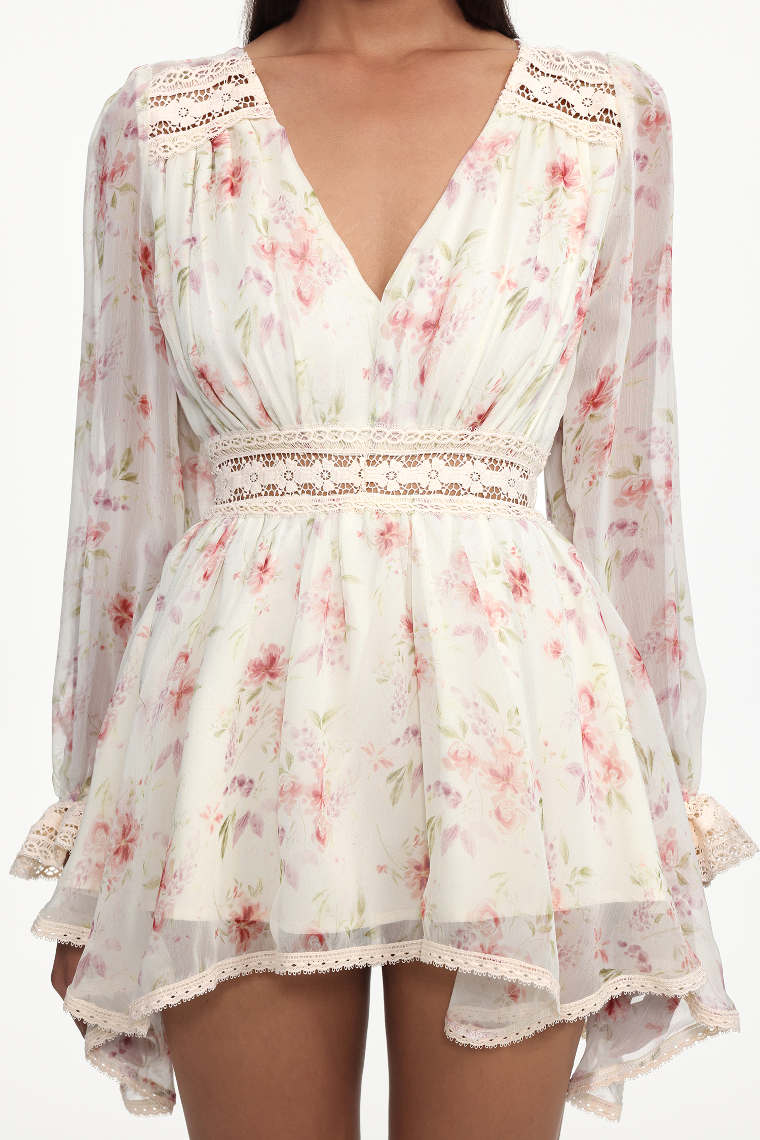 Rayen Resort Flowy V Neck Long Sleeve Floral Print Chiffon Mini Dress