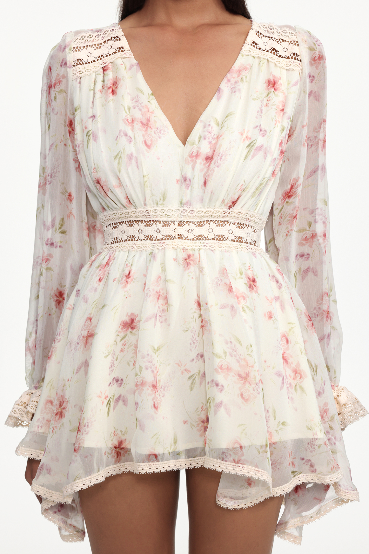Rayen Resort Flowy V Neck Long Sleeve Floral Print Chiffon Mini Dress