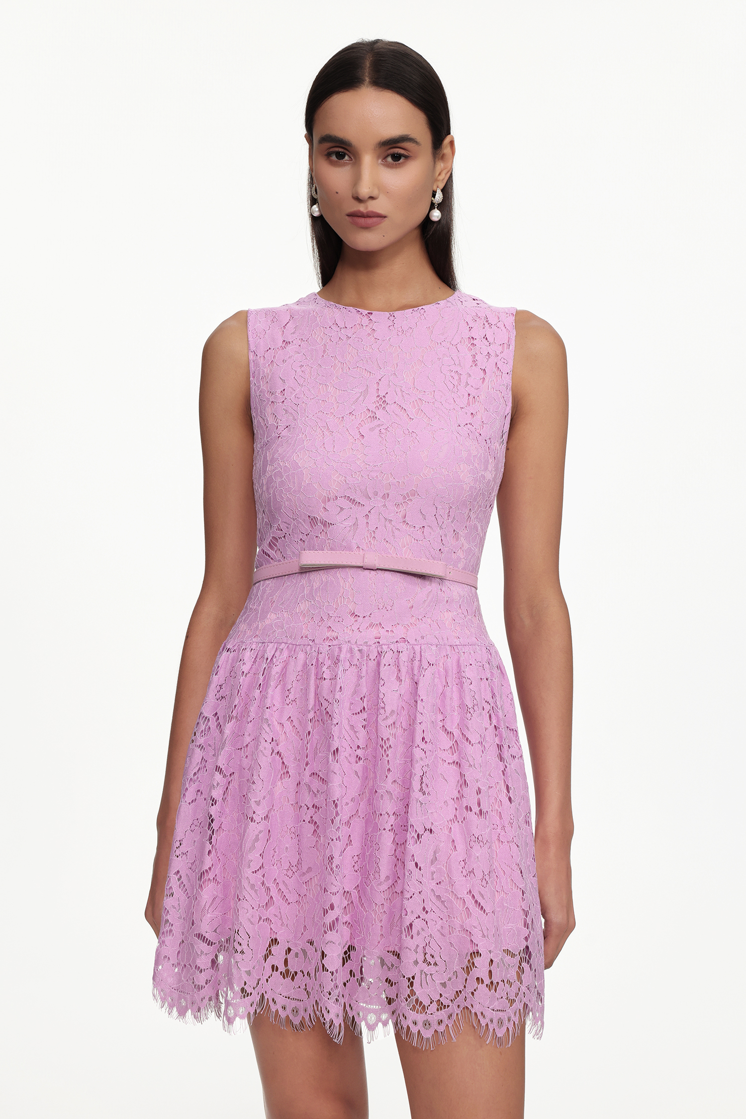 Liara Classic Tailored Round Neck Sleeveless Floral Lace Mini Dress