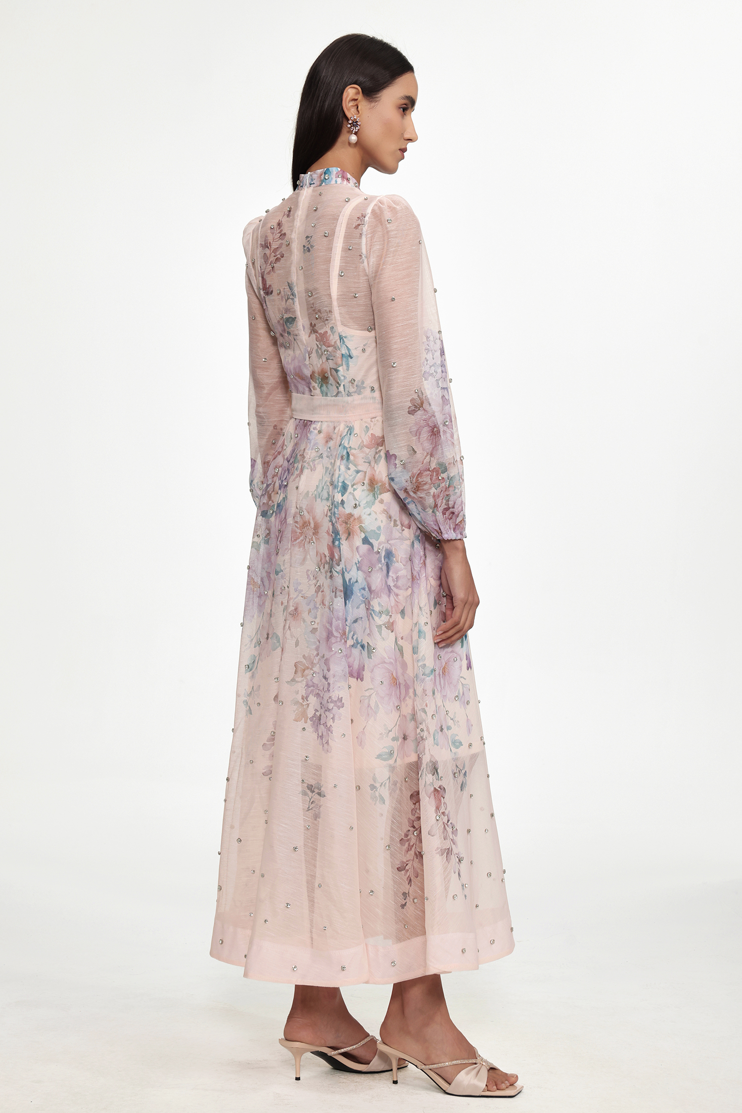 Mamie Resort Flowy Long Sleeve Rhinestone Print Woven Maxi Dress