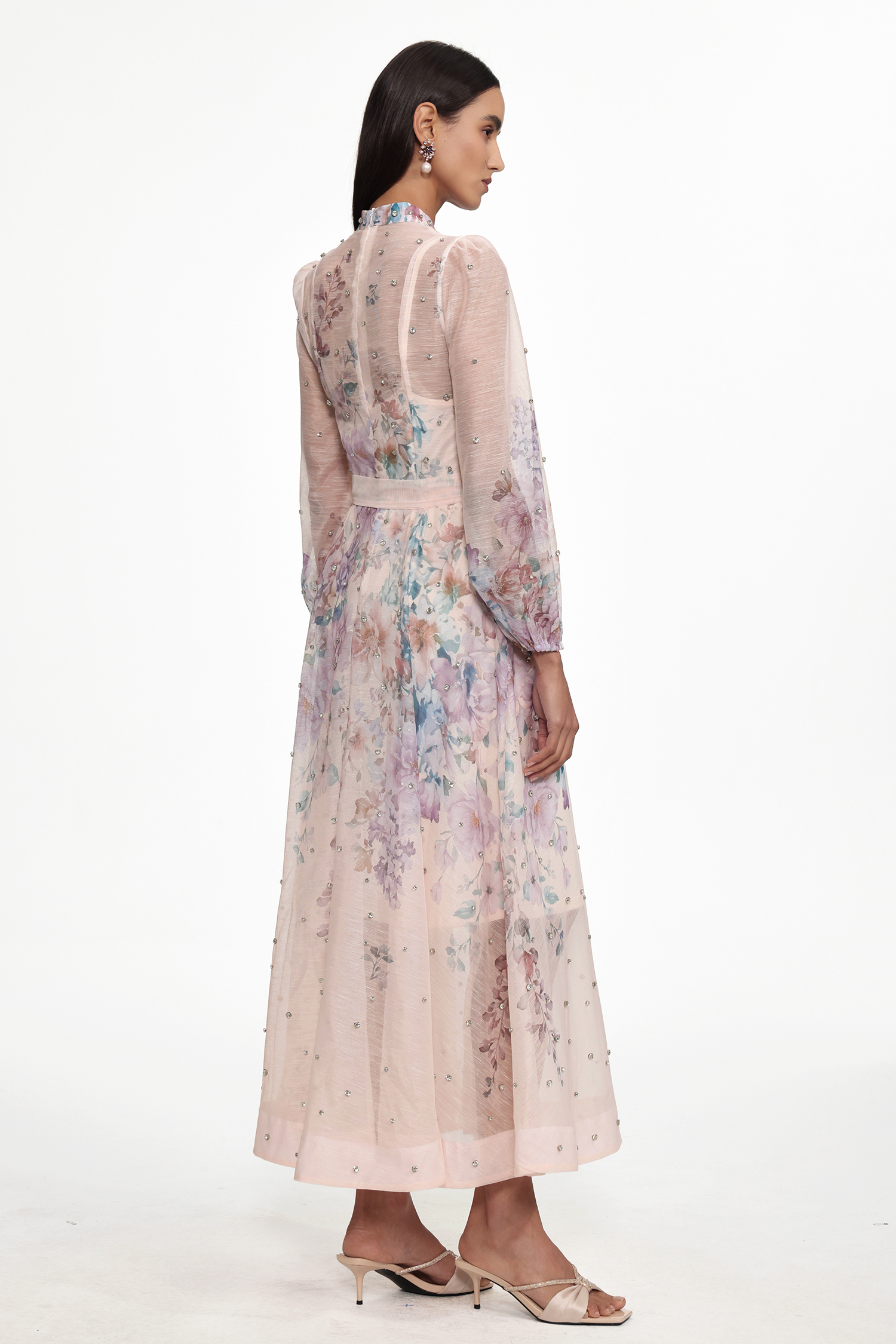 Mamie Resort Flowy Long Sleeve Rhinestone Print Woven Maxi Dress