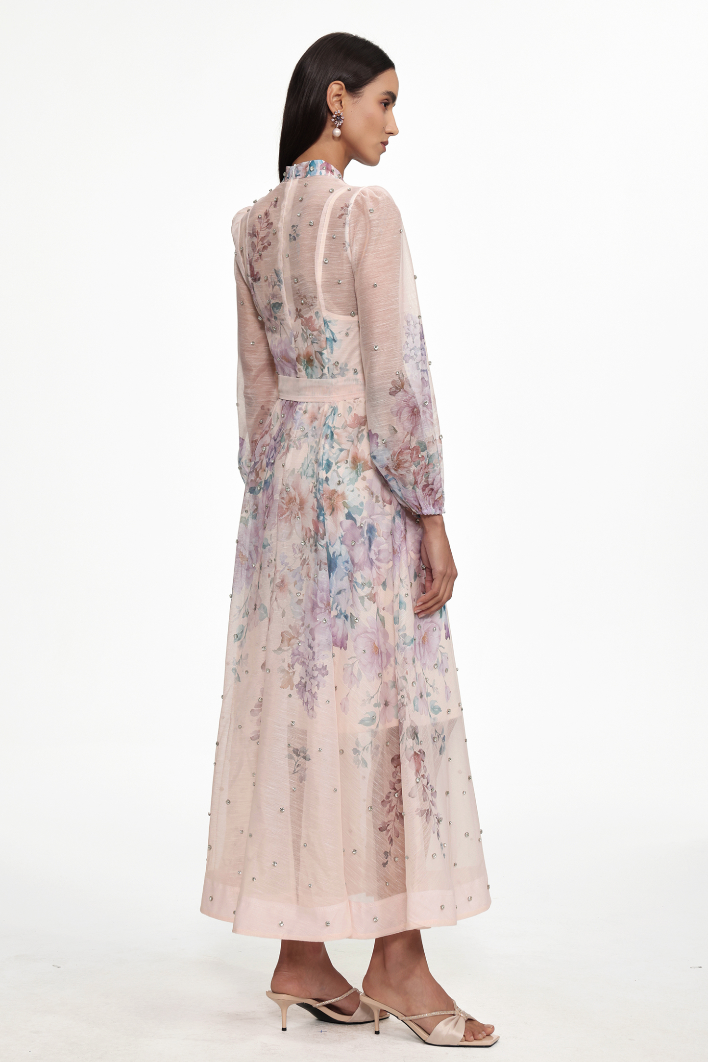Mamie Resort Flowy Long Sleeve Rhinestone Print Woven Maxi Dress