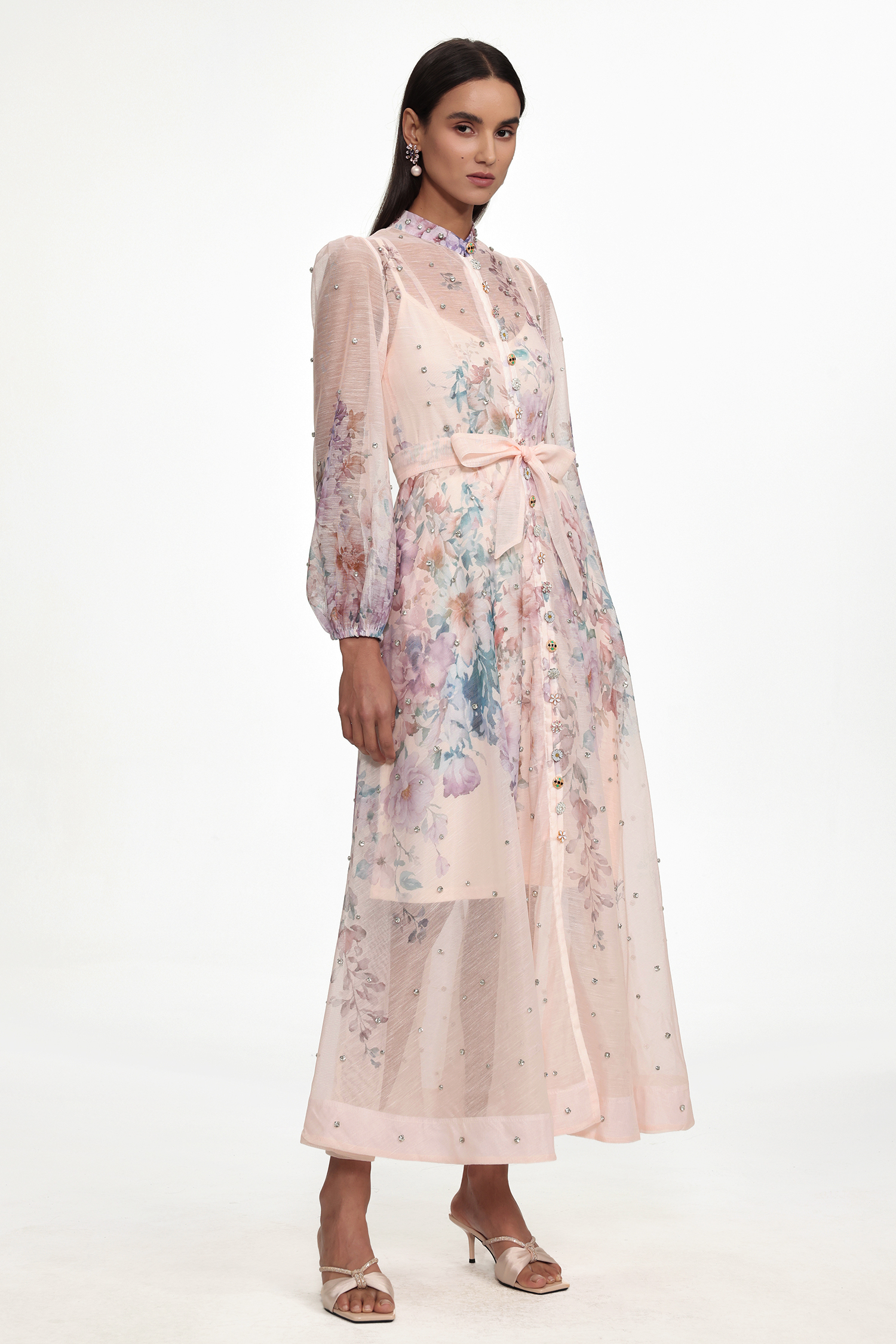 Mamie Resort Flowy Long Sleeve Rhinestone Print Woven Maxi Dress