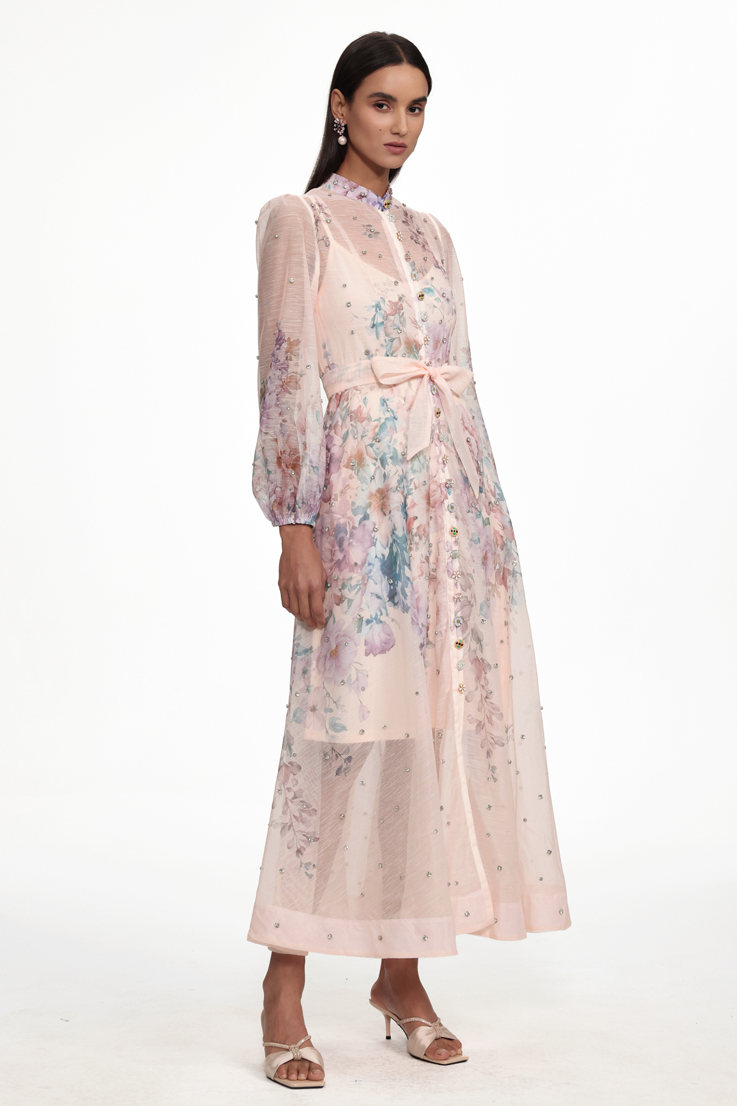 Mamie Resort Flowy Long Sleeve Rhinestone Print Woven Maxi Dress