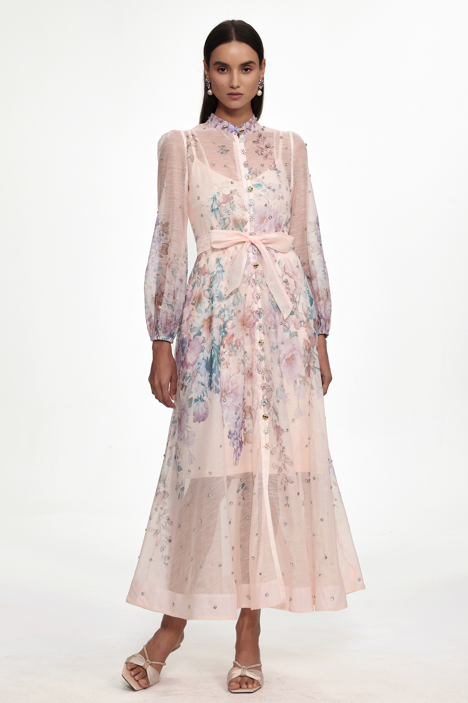 Mamie Resort Flowy Long Sleeve Rhinestone Print Woven Maxi Dress