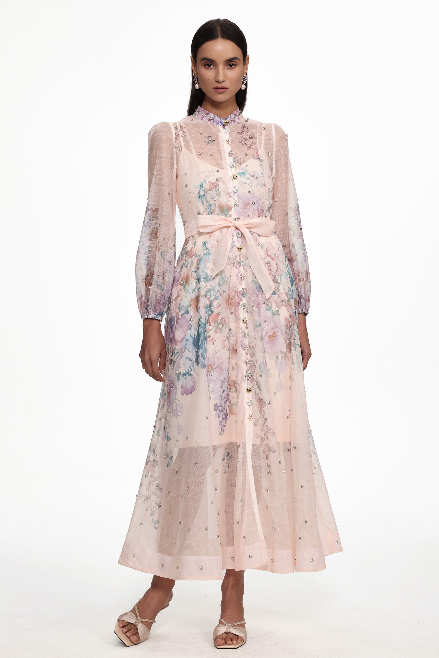 Mamie Resort Flowy Long Sleeve Rhinestone Print Woven Maxi Dress