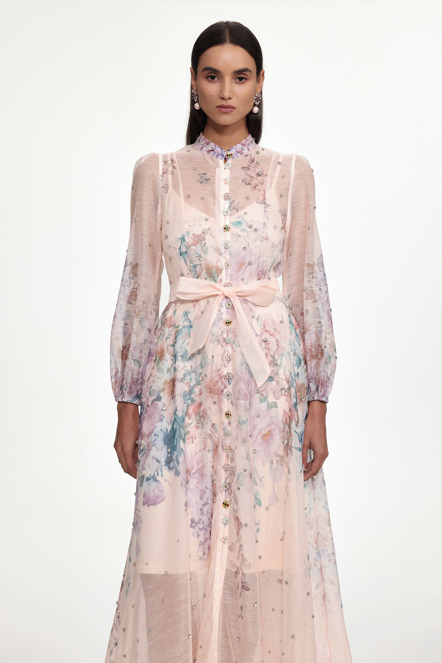 Mamie Resort Flowy Long Sleeve Rhinestone Print Woven Maxi Dress