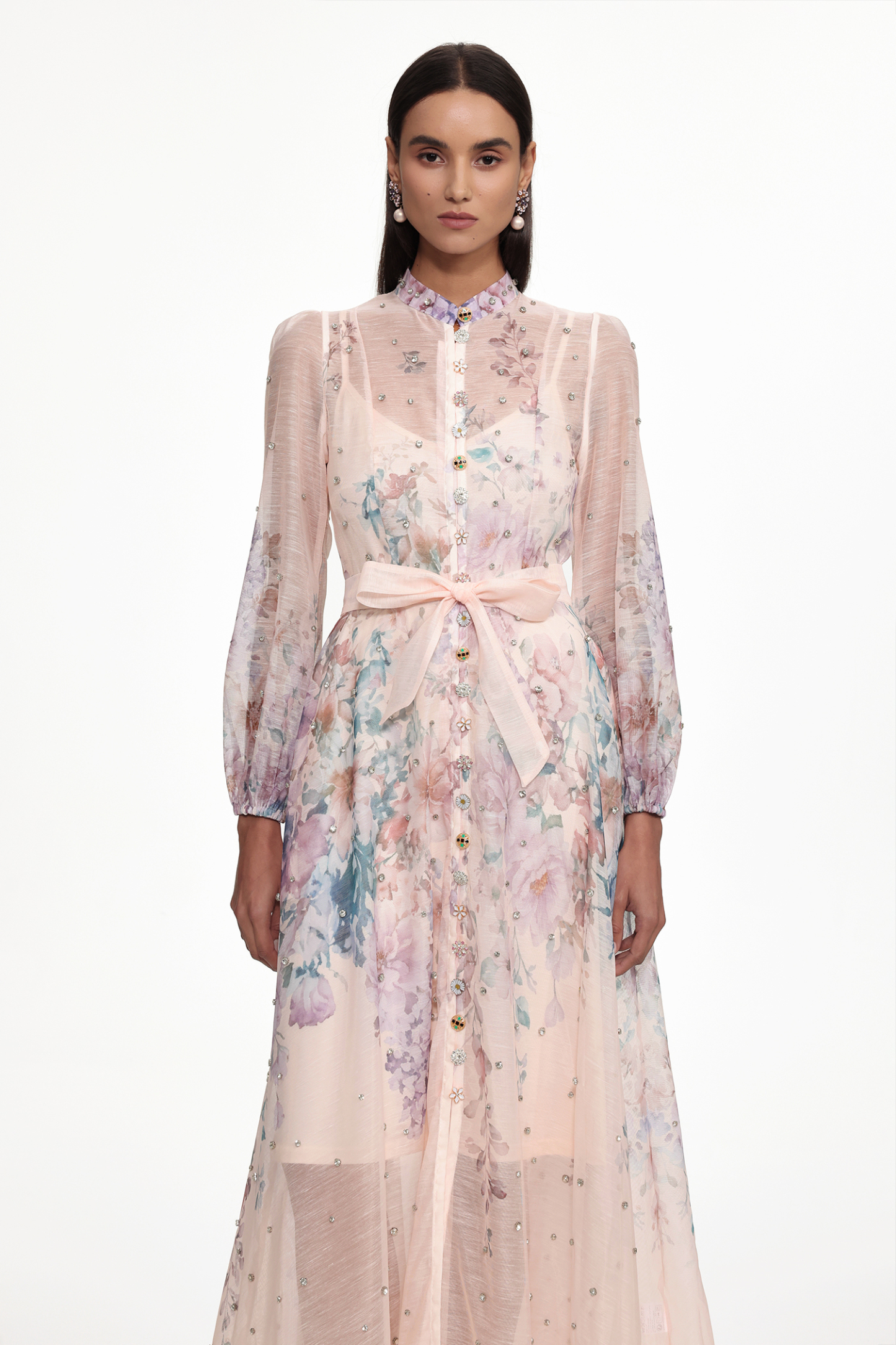 Mamie Resort Flowy Long Sleeve Rhinestone Print Woven Maxi Dress