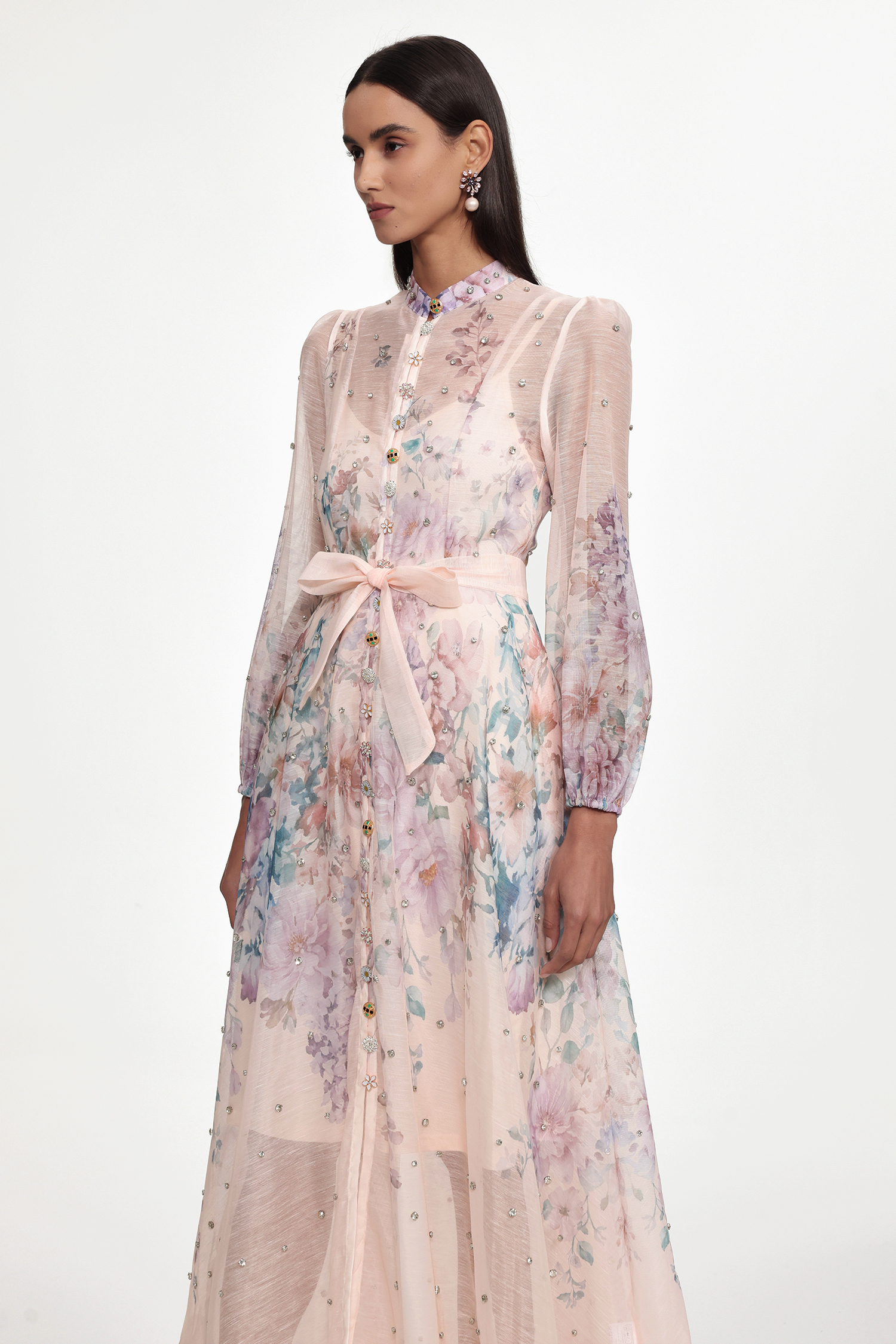 Mamie Resort Flowy Long Sleeve Rhinestone Print Woven Maxi Dress