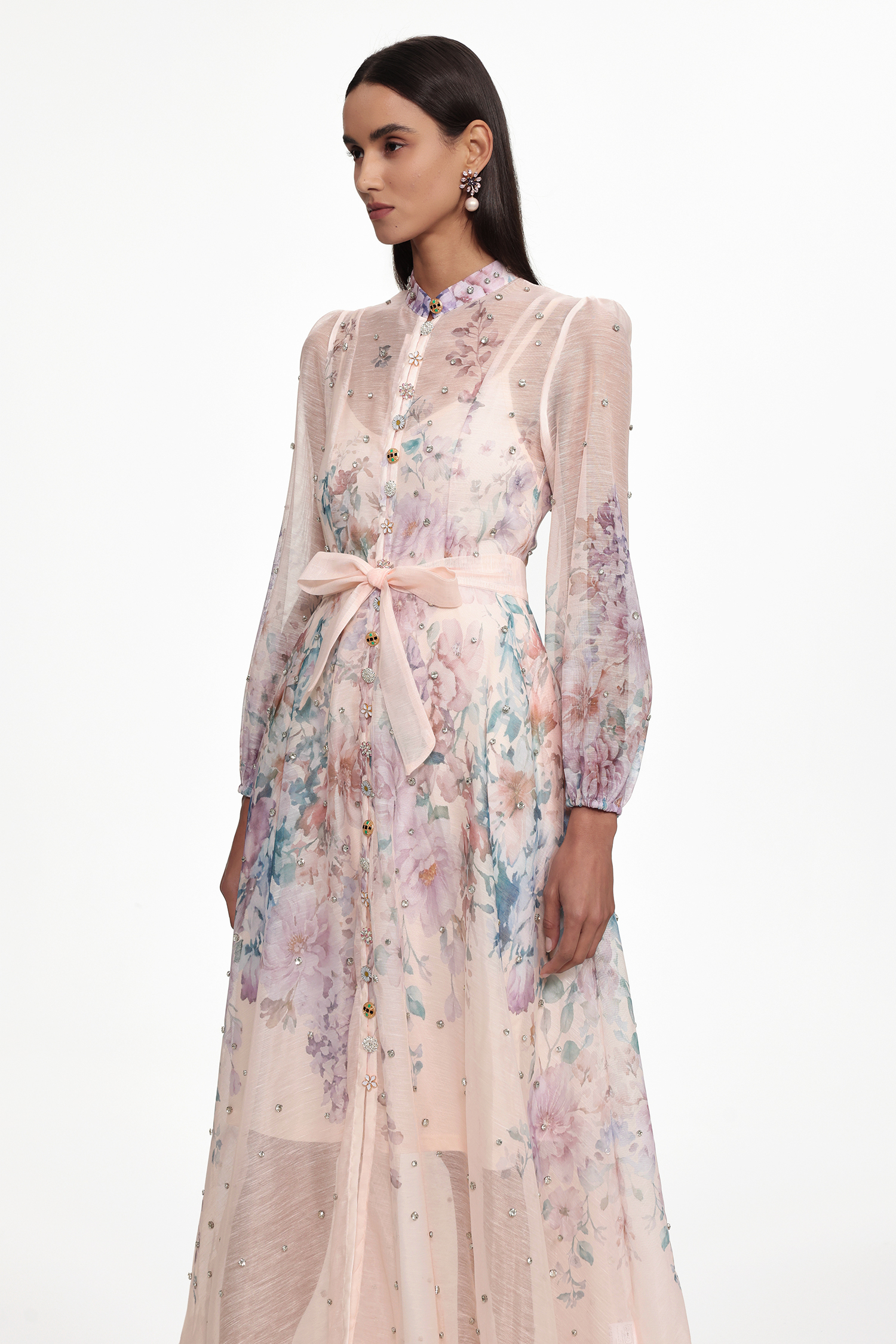 Mamie Resort Flowy Long Sleeve Rhinestone Print Woven Maxi Dress