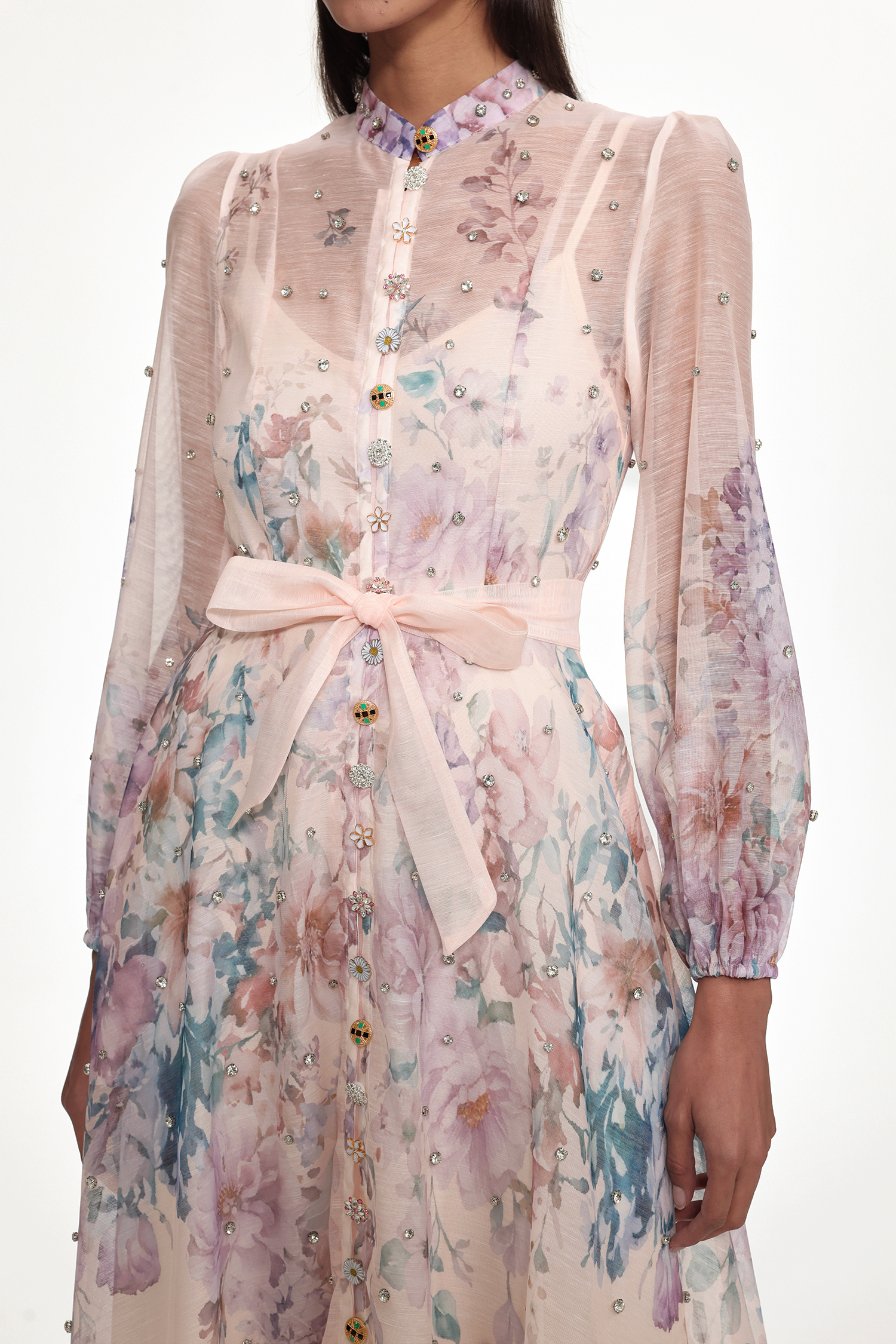 Mamie Resort Flowy Long Sleeve Rhinestone Print Woven Maxi Dress