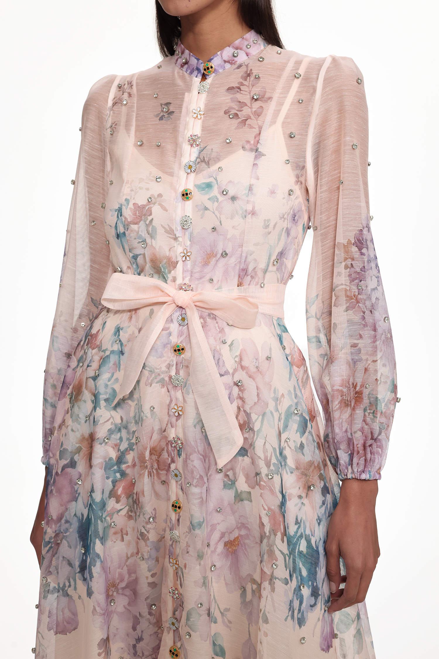 Mamie Resort Flowy Long Sleeve Rhinestone Print Woven Maxi Dress