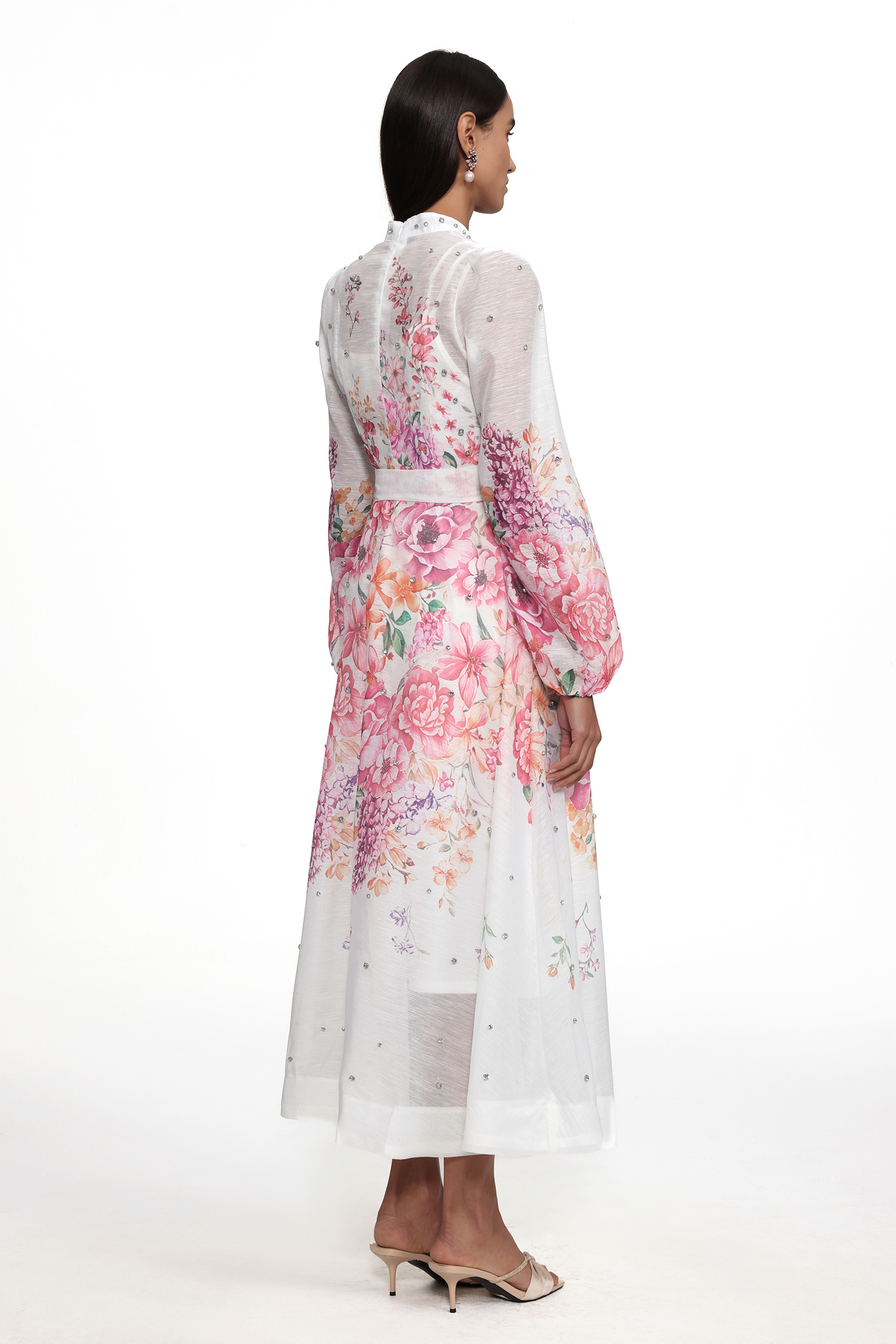 Mamie Resort Flowy Long Sleeve Rhinestone Print Woven Maxi Dress