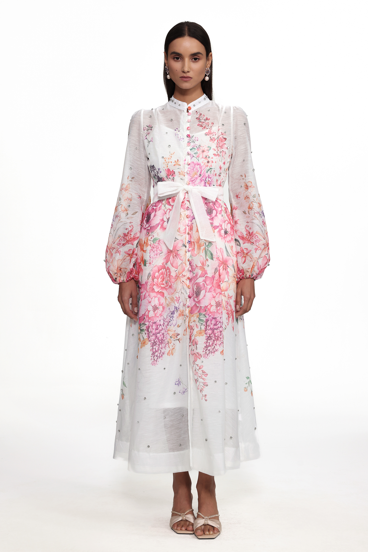 Mamie Resort Flowy Long Sleeve Rhinestone Print Woven Maxi Dress