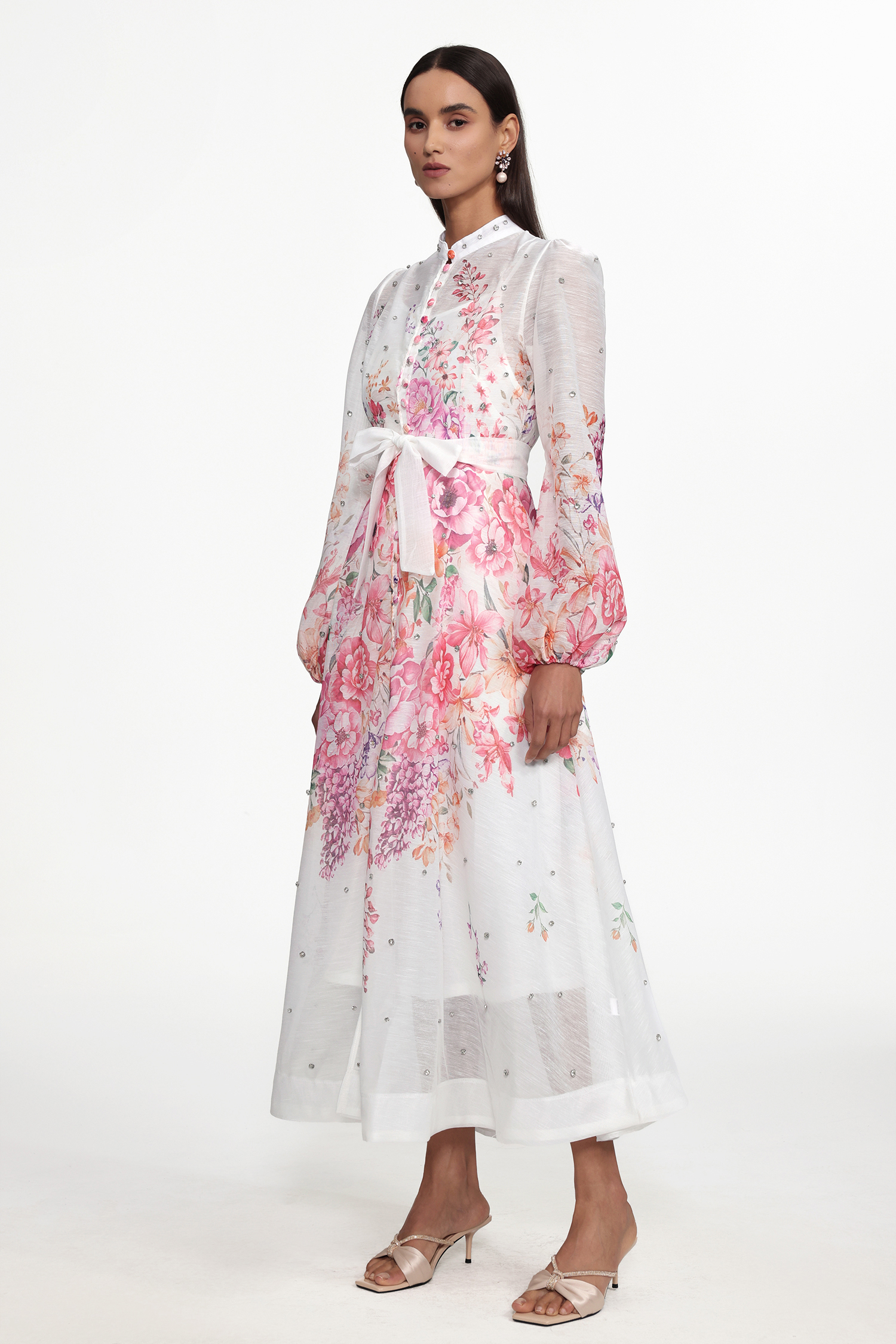 Mamie Resort Flowy Long Sleeve Rhinestone Print Woven Maxi Dress