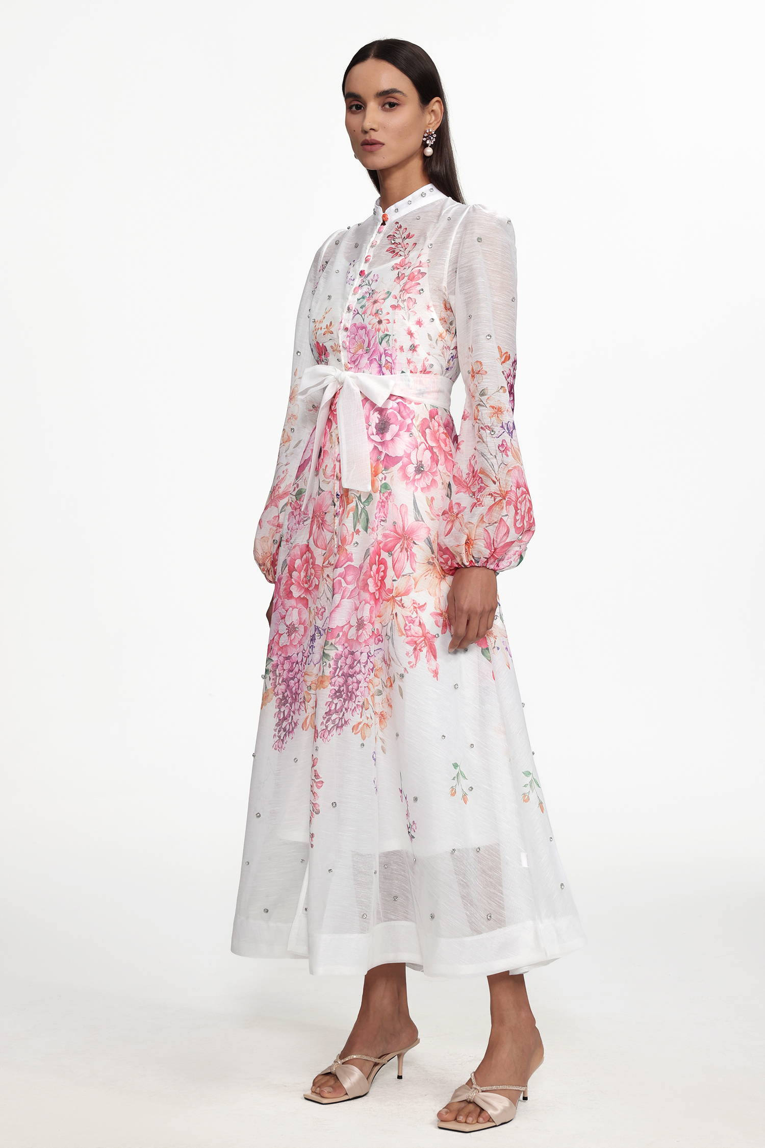 Mamie Resort Flowy Long Sleeve Rhinestone Print Woven Maxi Dress