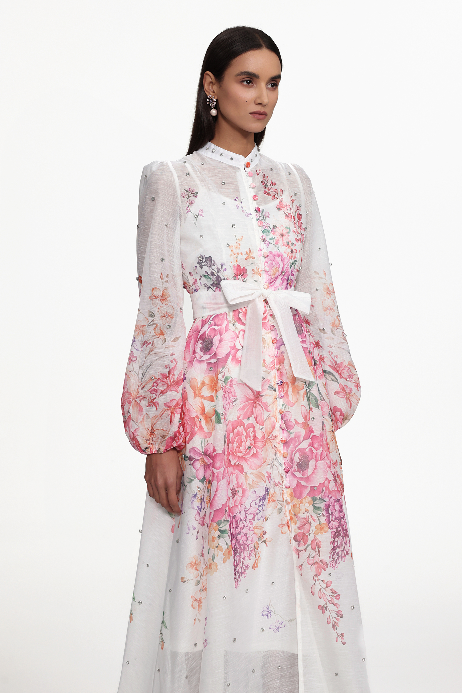 Mamie Resort Flowy Long Sleeve Rhinestone Print Woven Maxi Dress