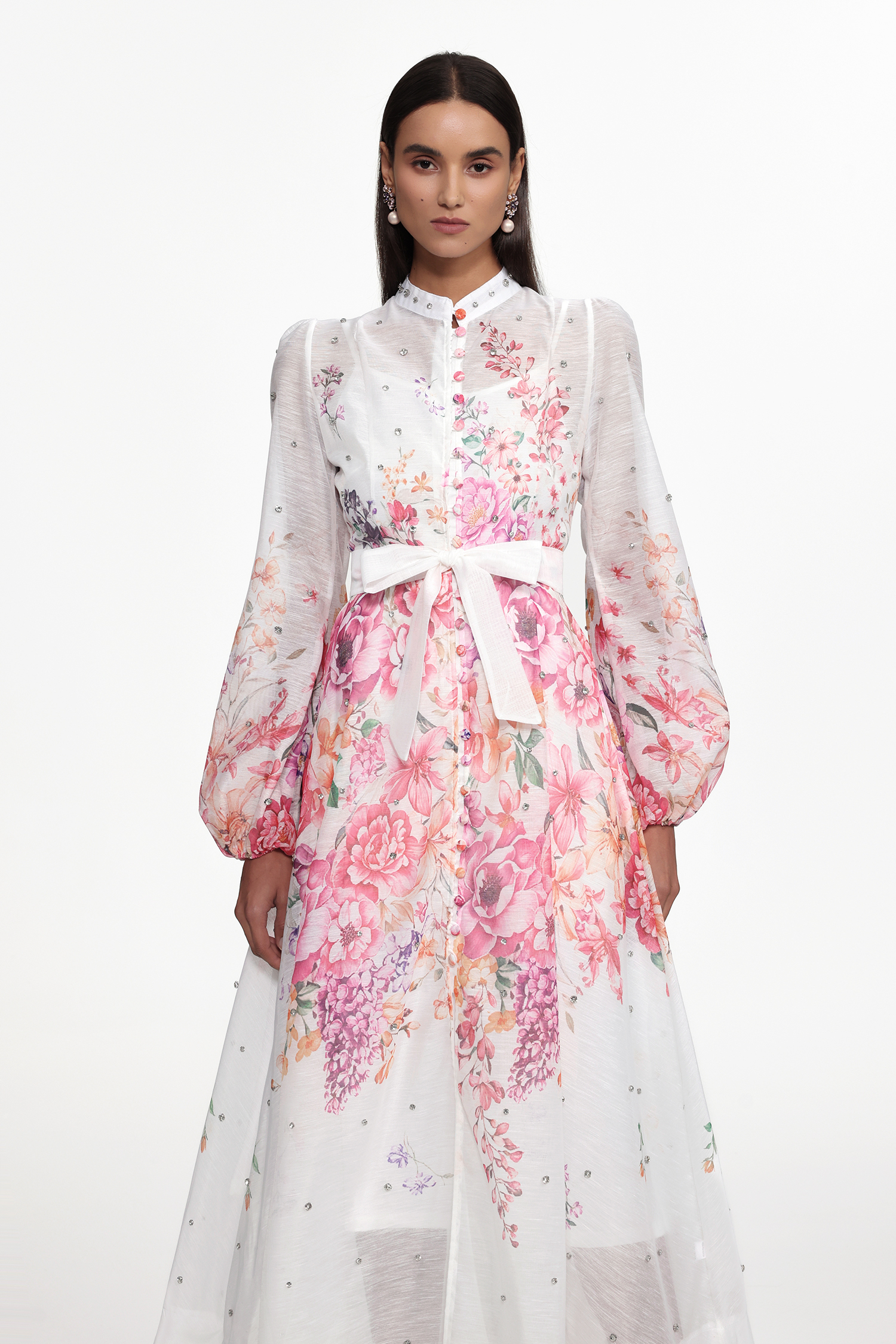 Mamie Resort Flowy Long Sleeve Rhinestone Print Woven Maxi Dress