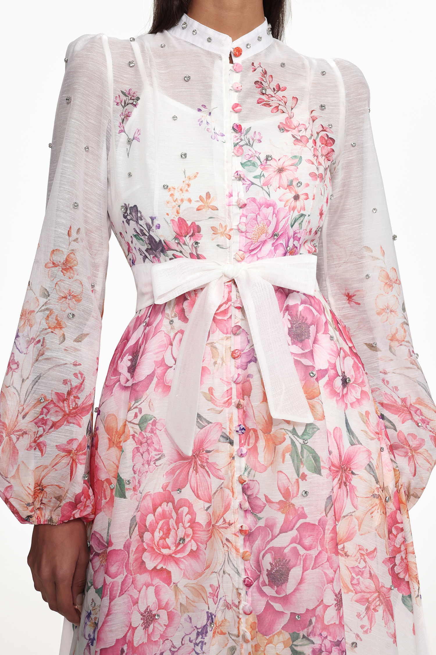 Mamie Resort Flowy Long Sleeve Rhinestone Print Woven Maxi Dress