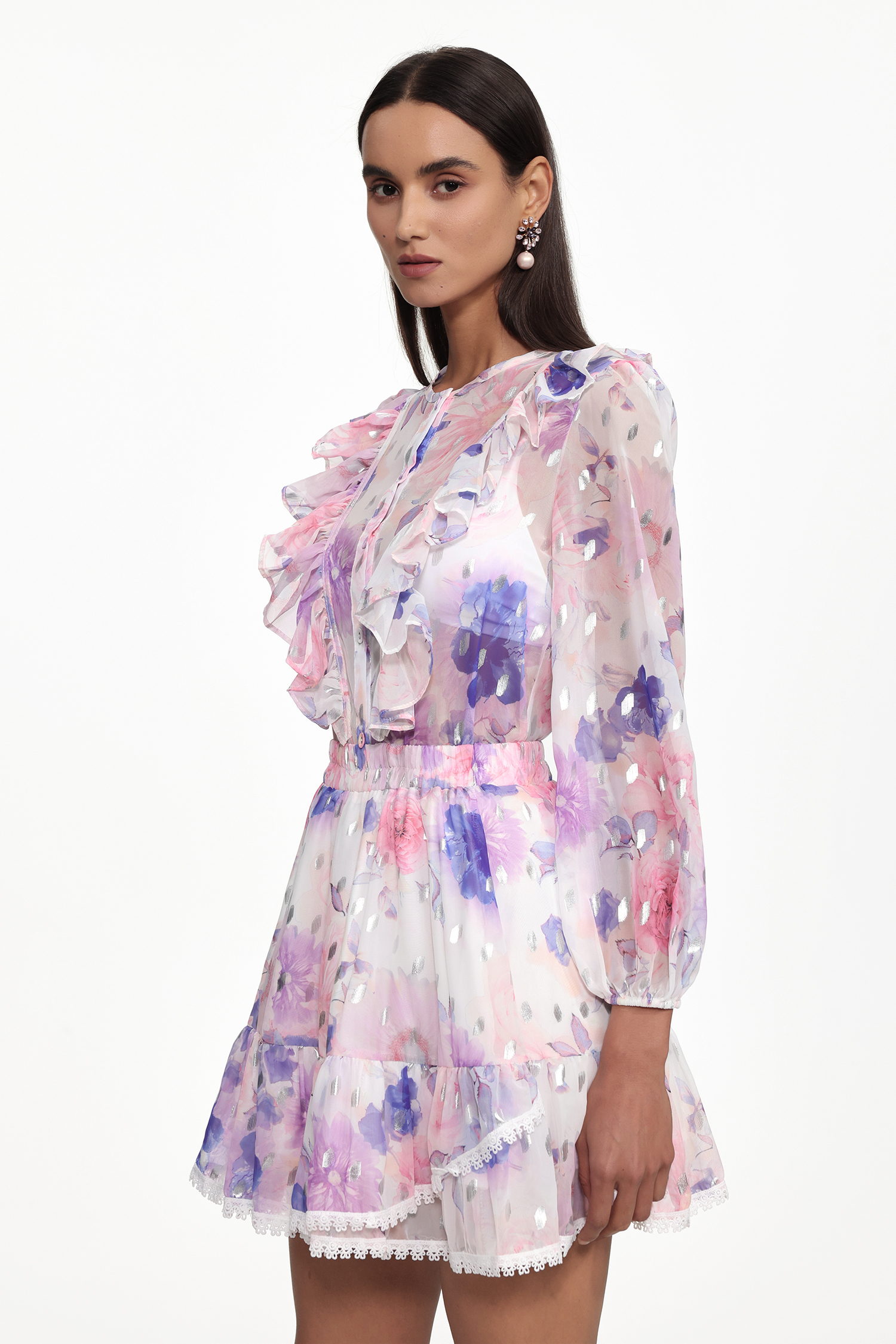 Tia Resort Flowy Long Sleeve Floral Print Ruffle Woven Mini Dress