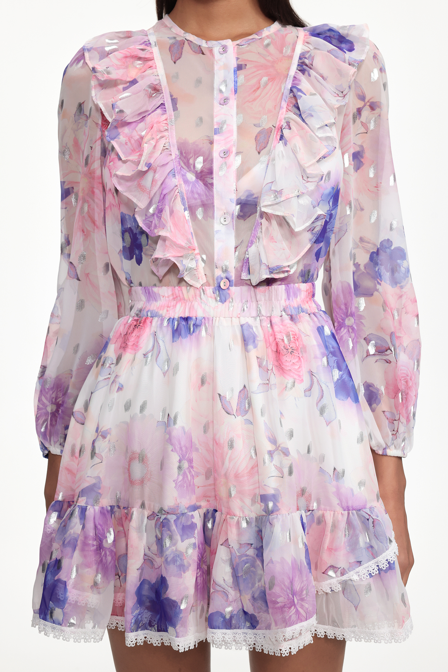 Tia Resort Flowy Long Sleeve Floral Print Ruffle Woven Mini Dress