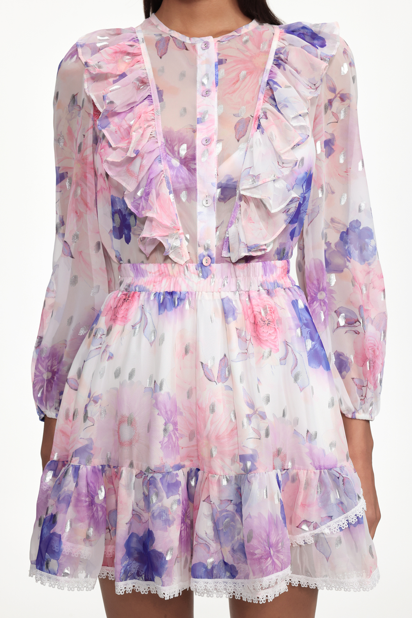 Tia Resort Flowy Long Sleeve Floral Print Ruffle Woven Mini Dress