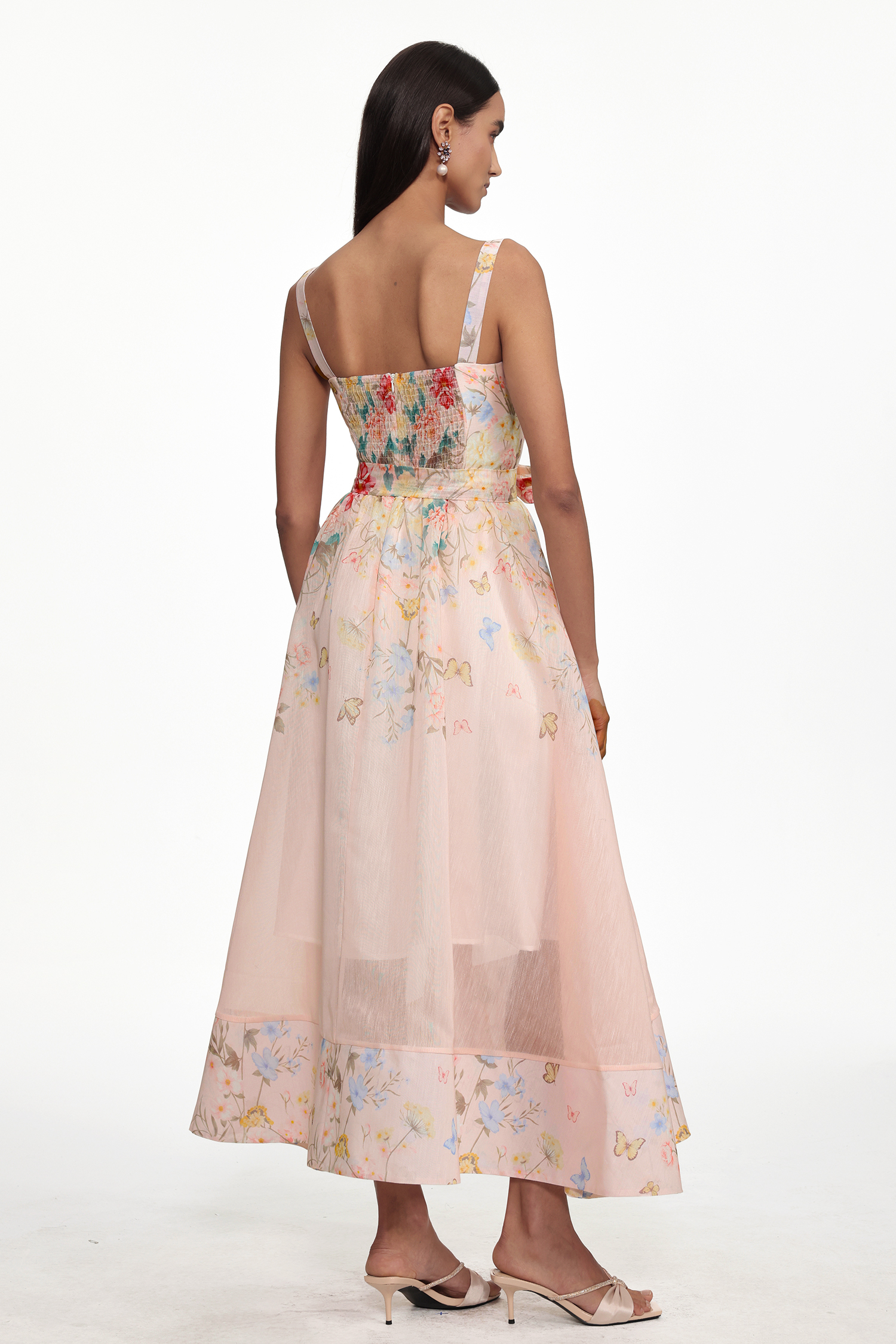 Takila Resort Cinched Sleeveless Butterfly Floral Print Woven Maxi Dress