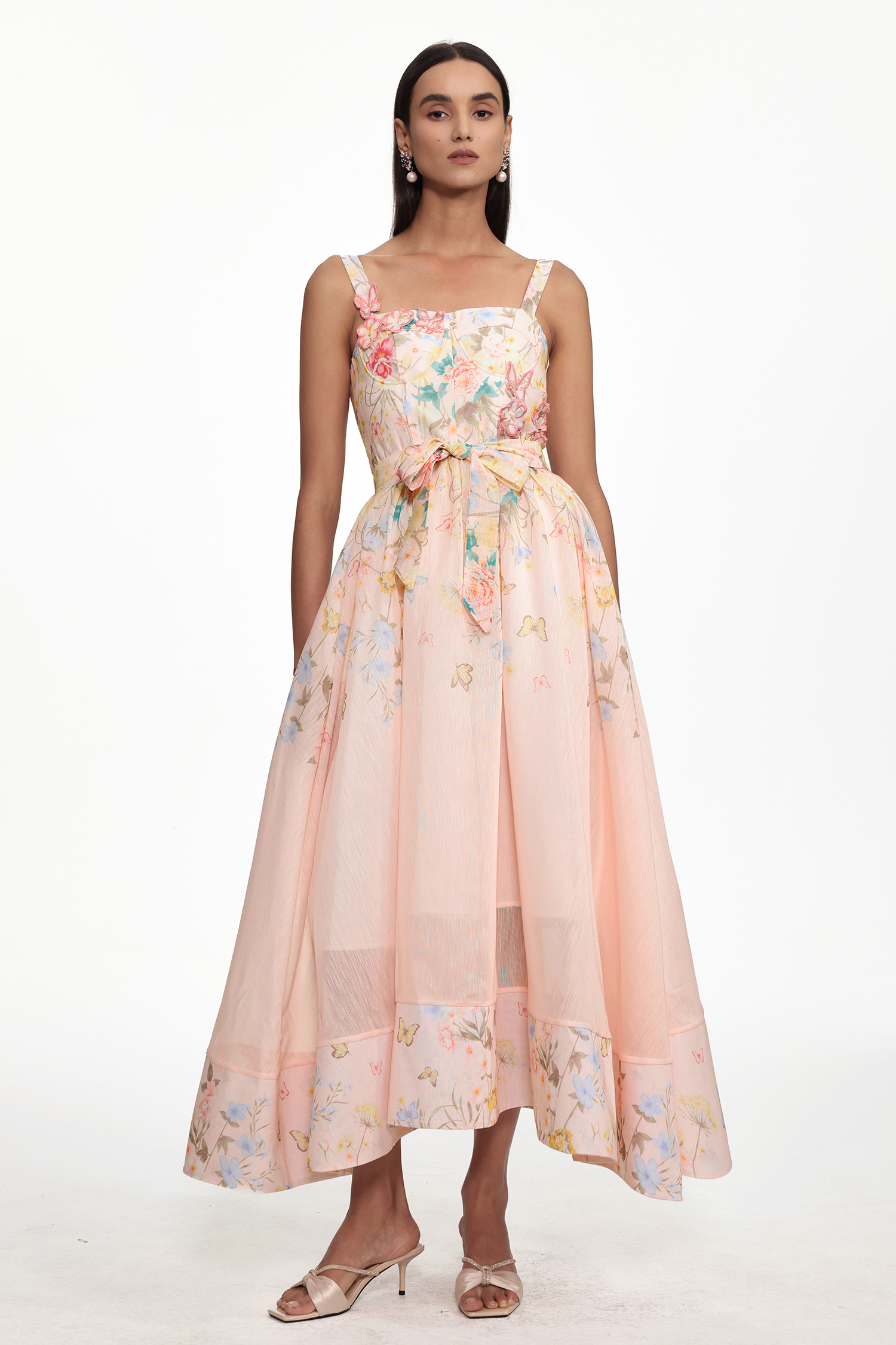 Takila Resort Cinched Sleeveless Butterfly Floral Print Woven Maxi Dress