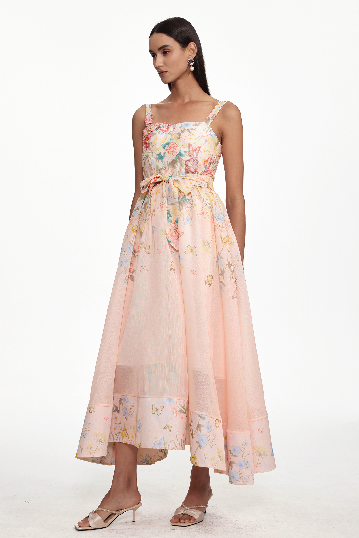 Takila Resort Cinched Sleeveless Butterfly Floral Print Woven Maxi Dress