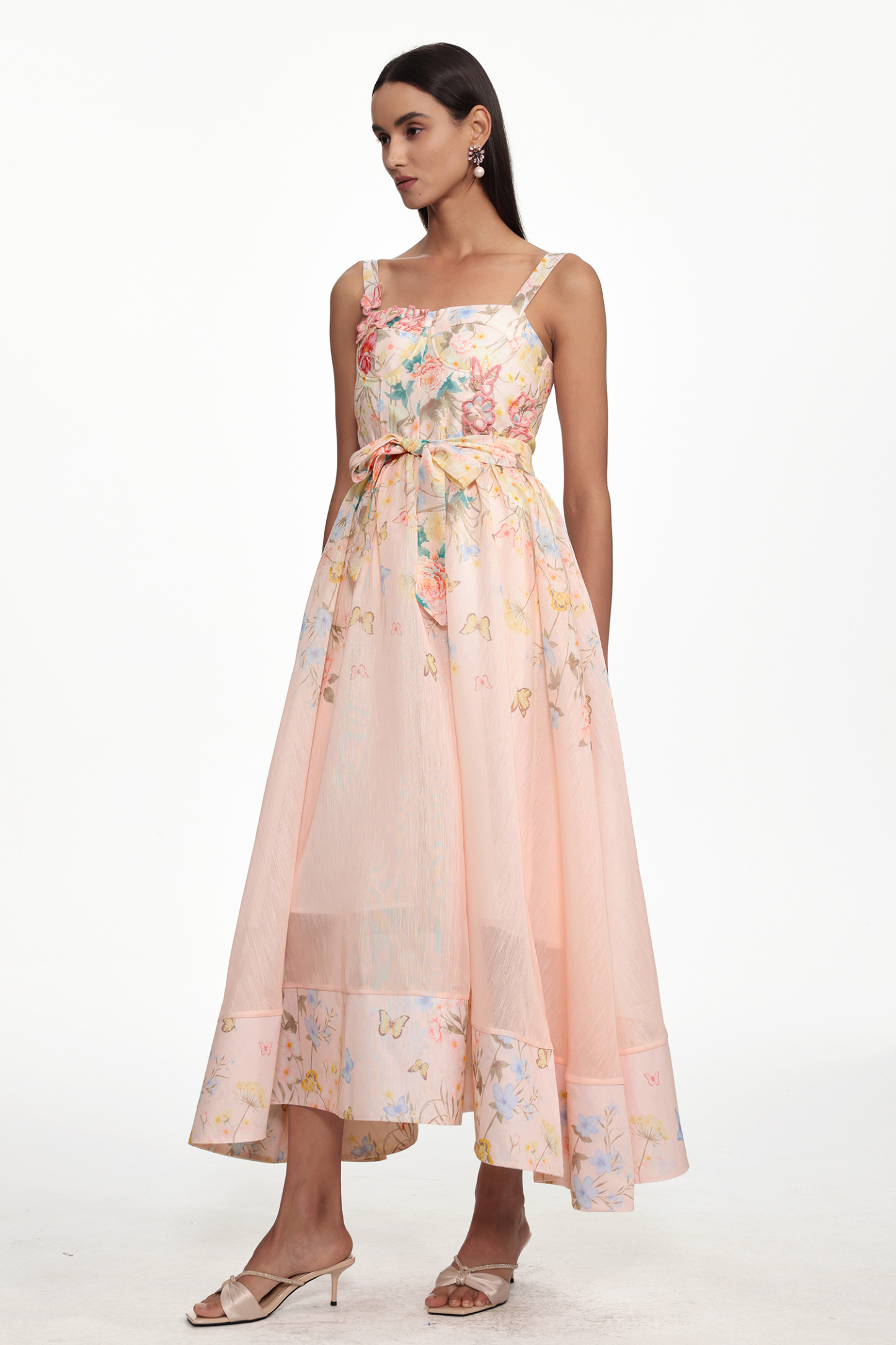 Takila Resort Cinched Sleeveless Butterfly Floral Print Woven Maxi Dress