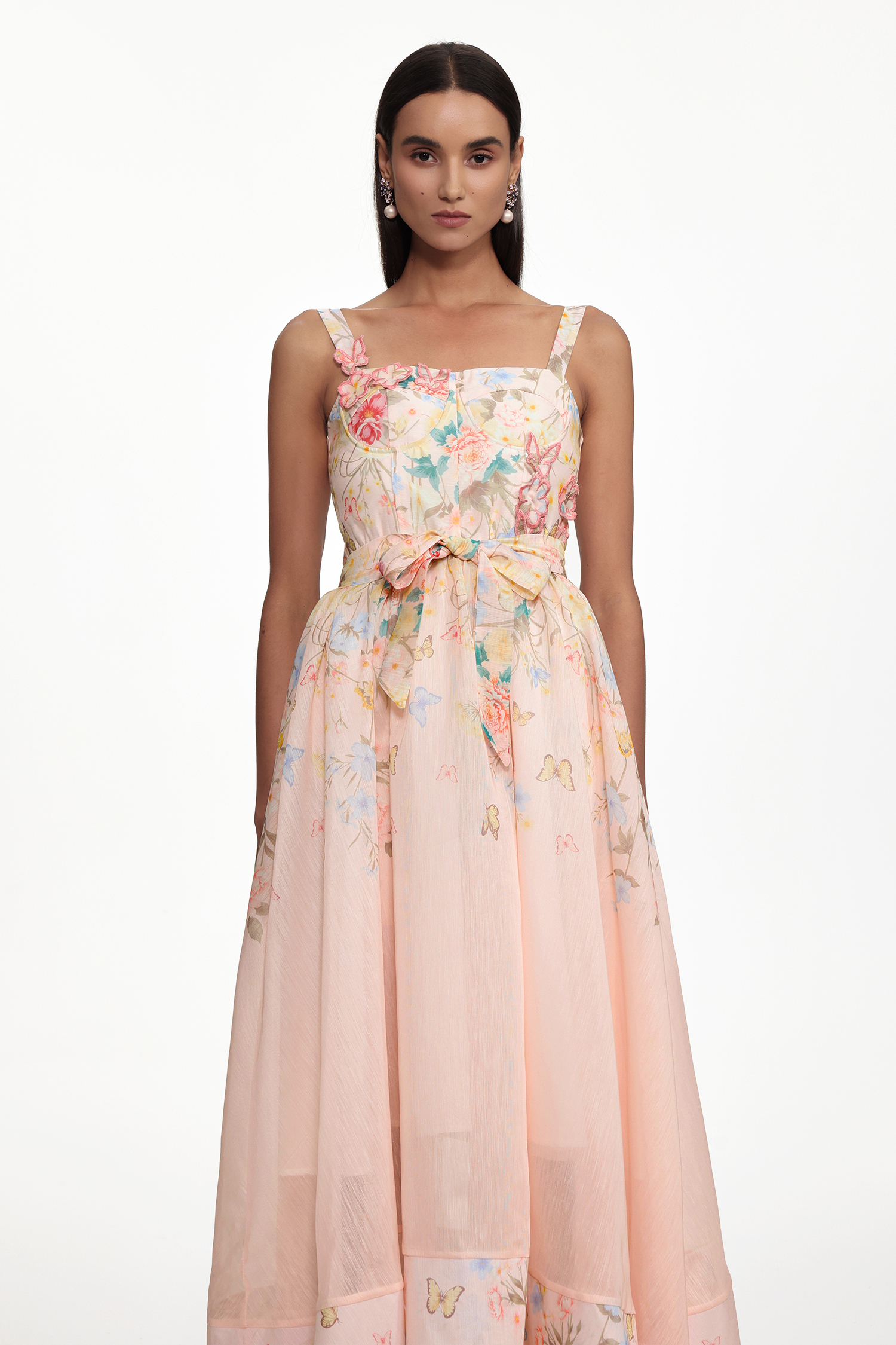 Takila Resort Cinched Sleeveless Butterfly Floral Print Woven Maxi Dress