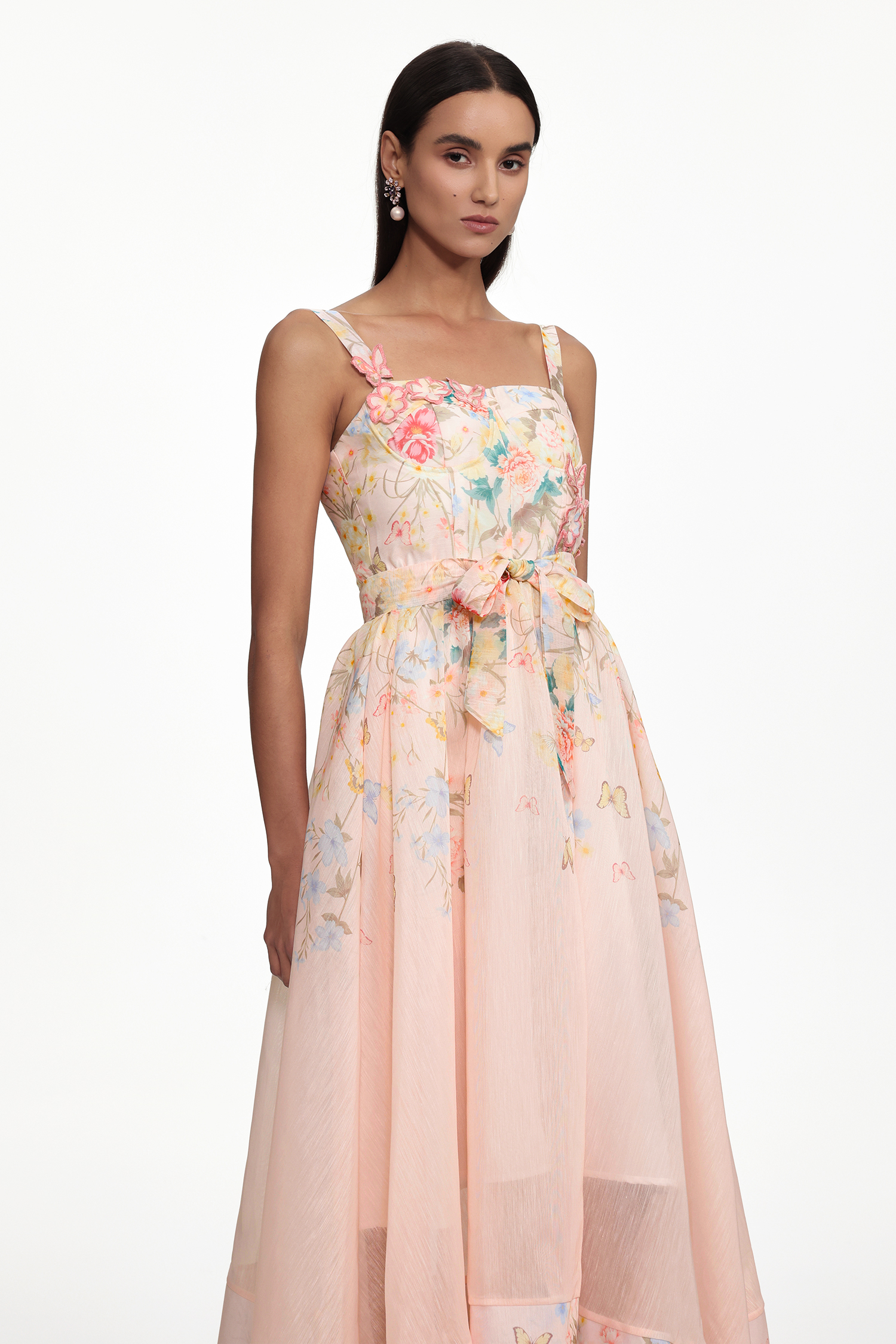 Takila Resort Cinched Sleeveless Butterfly Floral Print Woven Maxi Dress