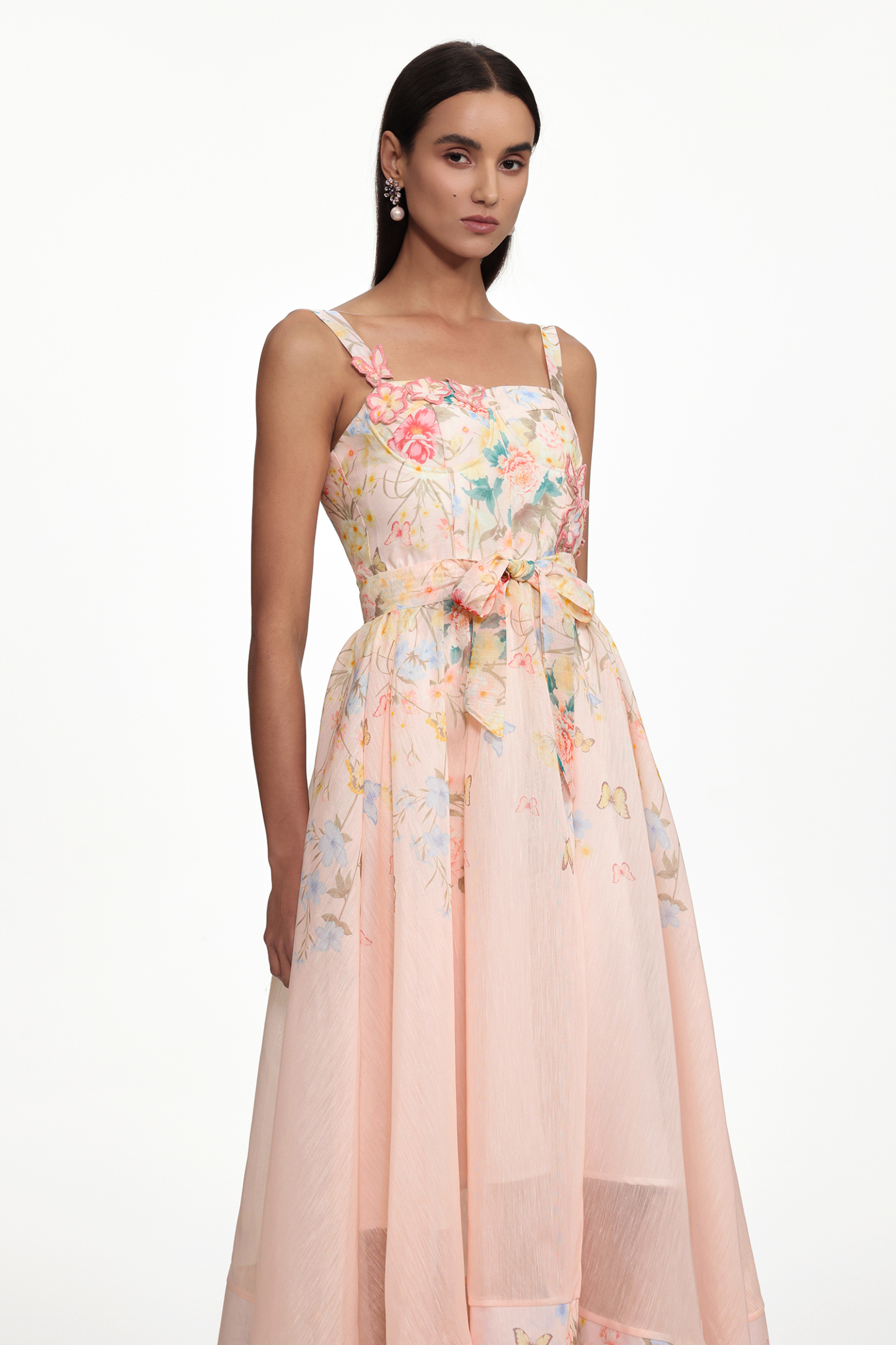 Takila Resort Cinched Sleeveless Butterfly Floral Print Woven Maxi Dress