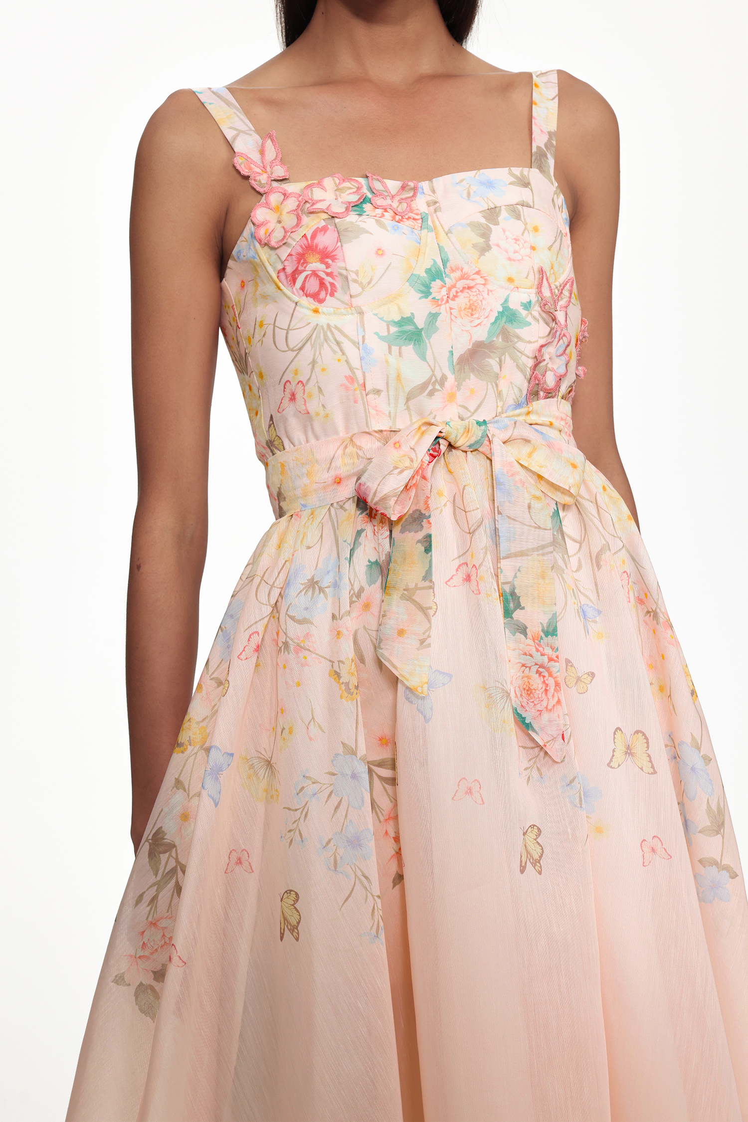 Takila Resort Cinched Sleeveless Butterfly Floral Print Woven Maxi Dress