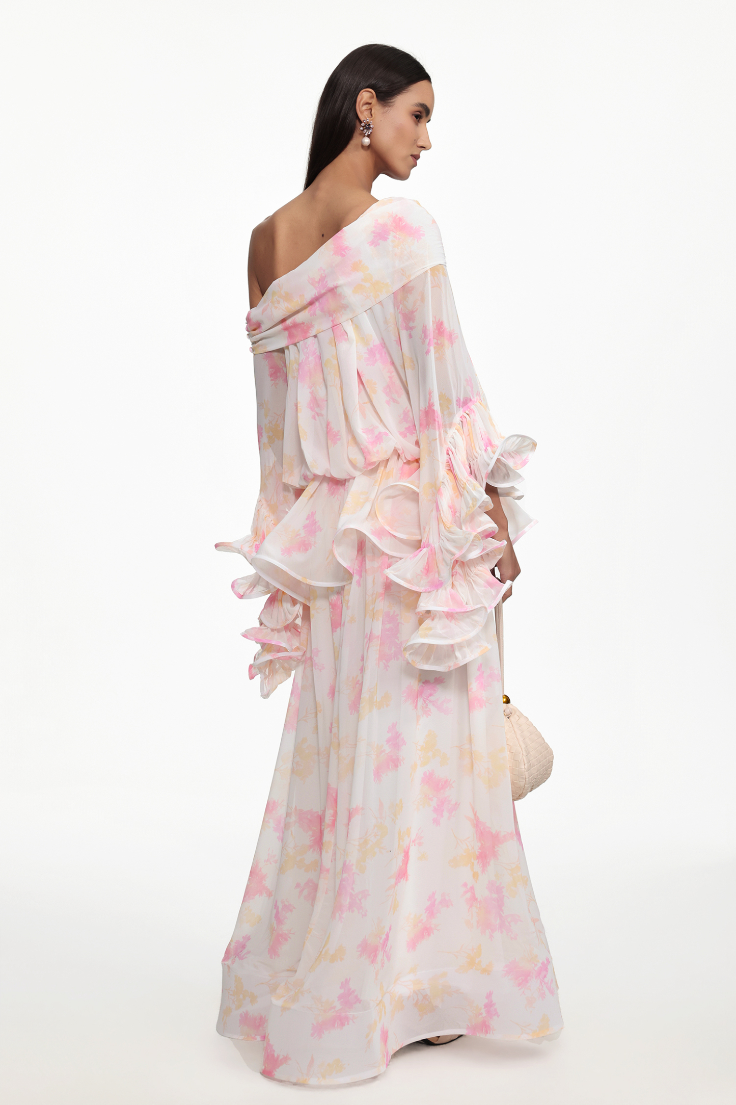 Miyasa Resort Flowy Off Shoulder Long Sleeve Ruffle Abstract Print Maxi Dress