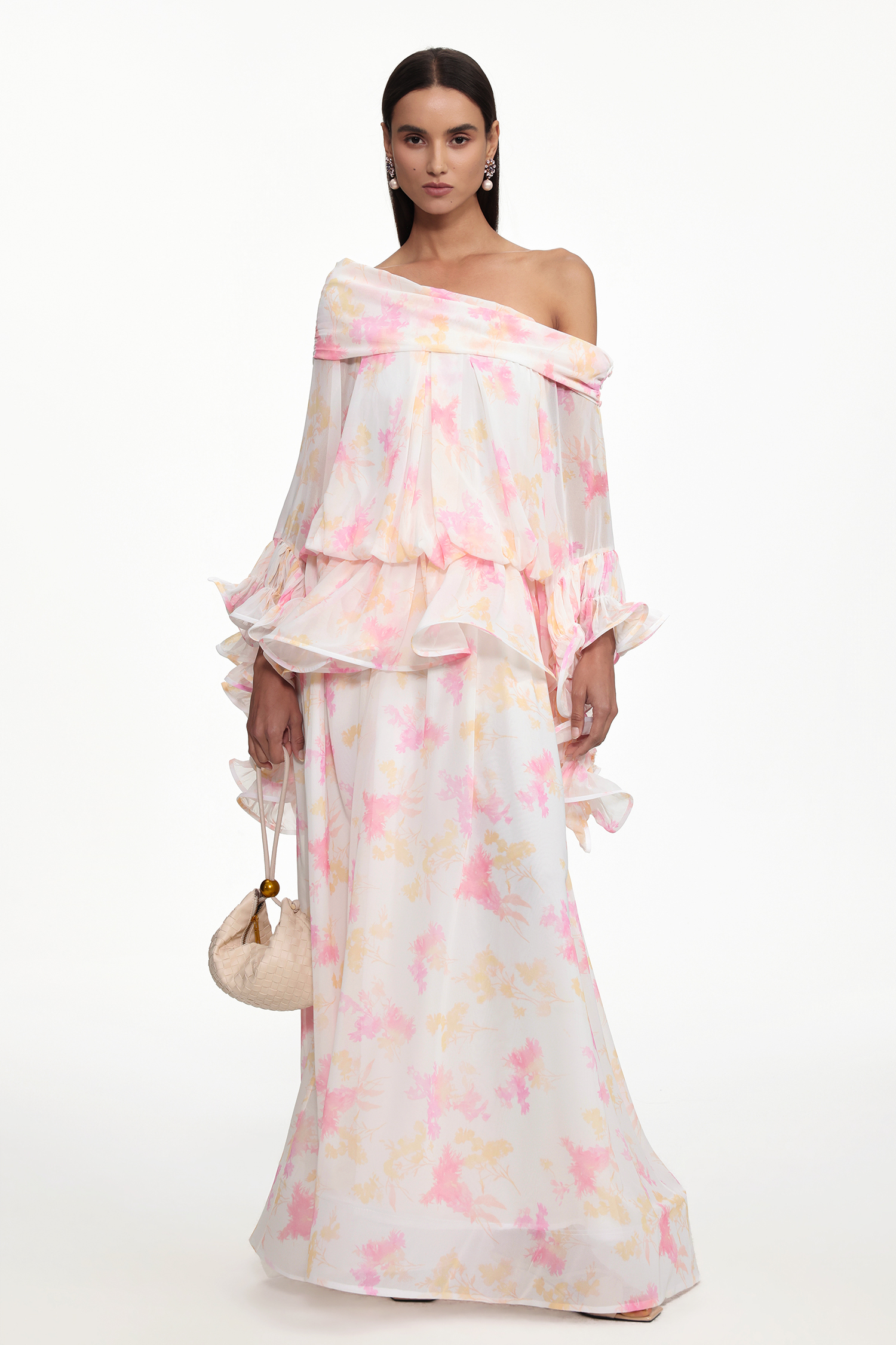 Miyasa Resort Flowy Off Shoulder Long Sleeve Ruffle Abstract Print Maxi Dress