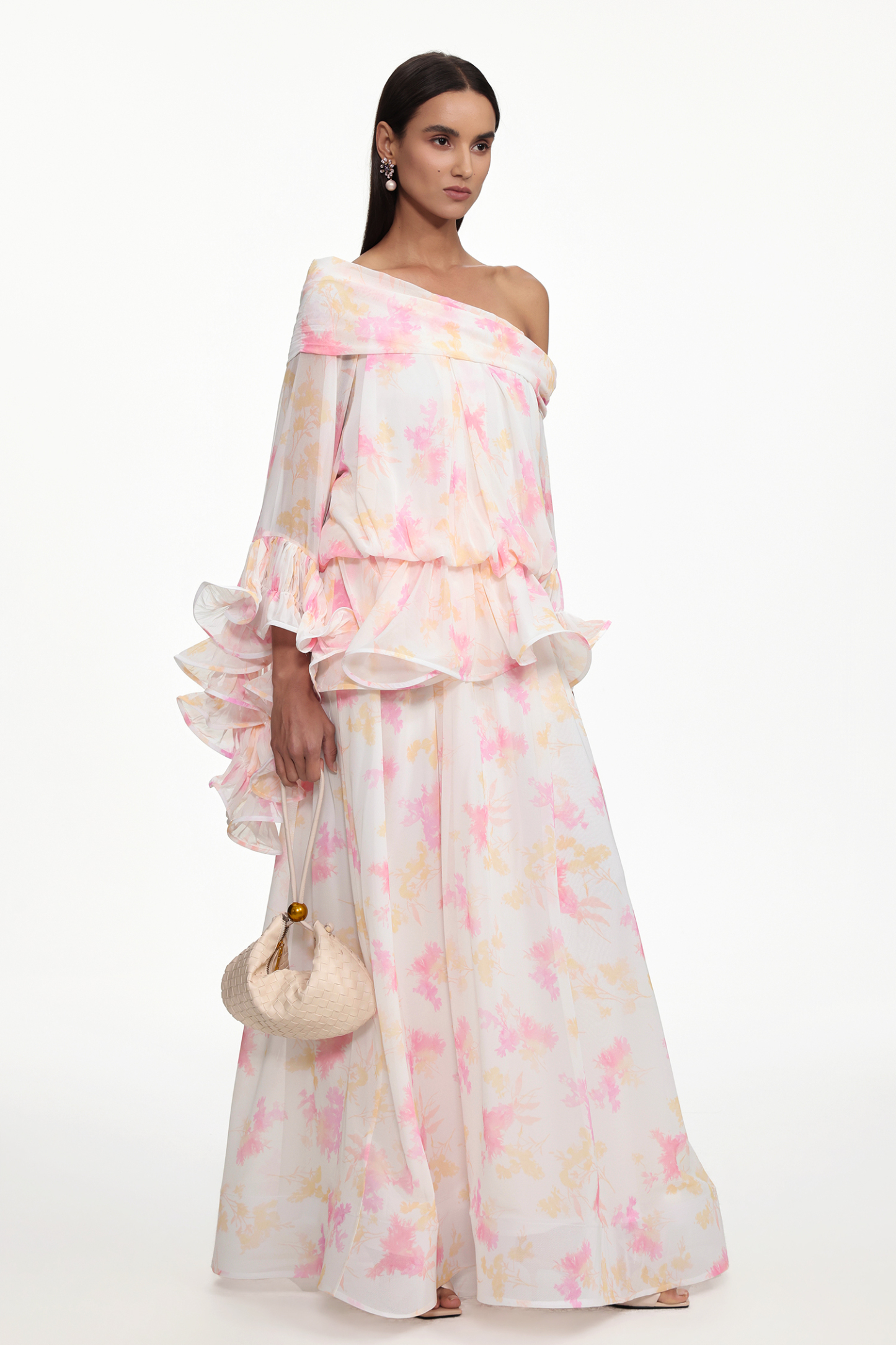 Miyasa Resort Flowy Off Shoulder Long Sleeve Ruffle Abstract Print Maxi Dress