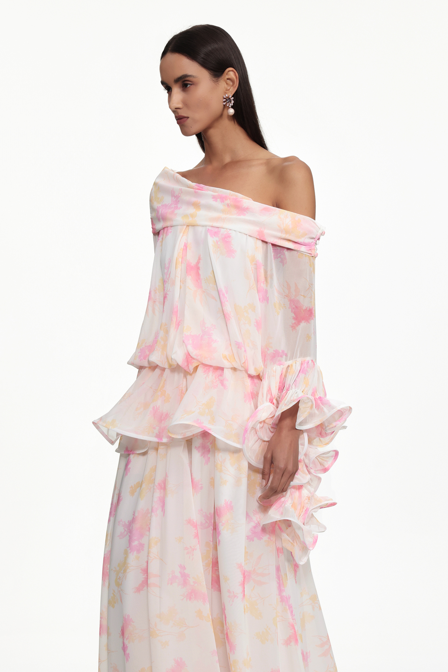 Miyasa Resort Flowy Off Shoulder Long Sleeve Ruffle Abstract Print Maxi Dress