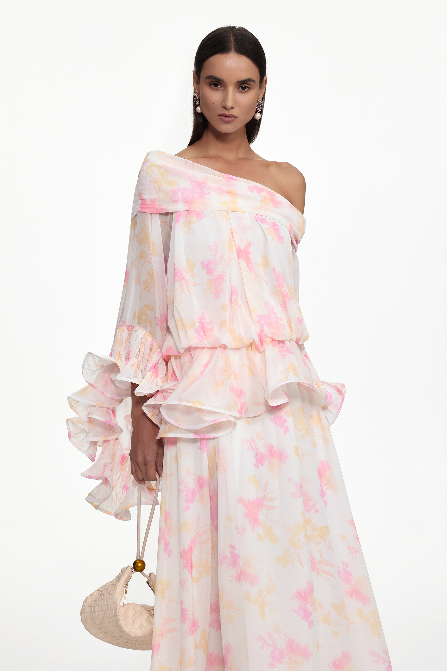 Miyasa Resort Flowy Off Shoulder Long Sleeve Ruffle Abstract Print Maxi Dress